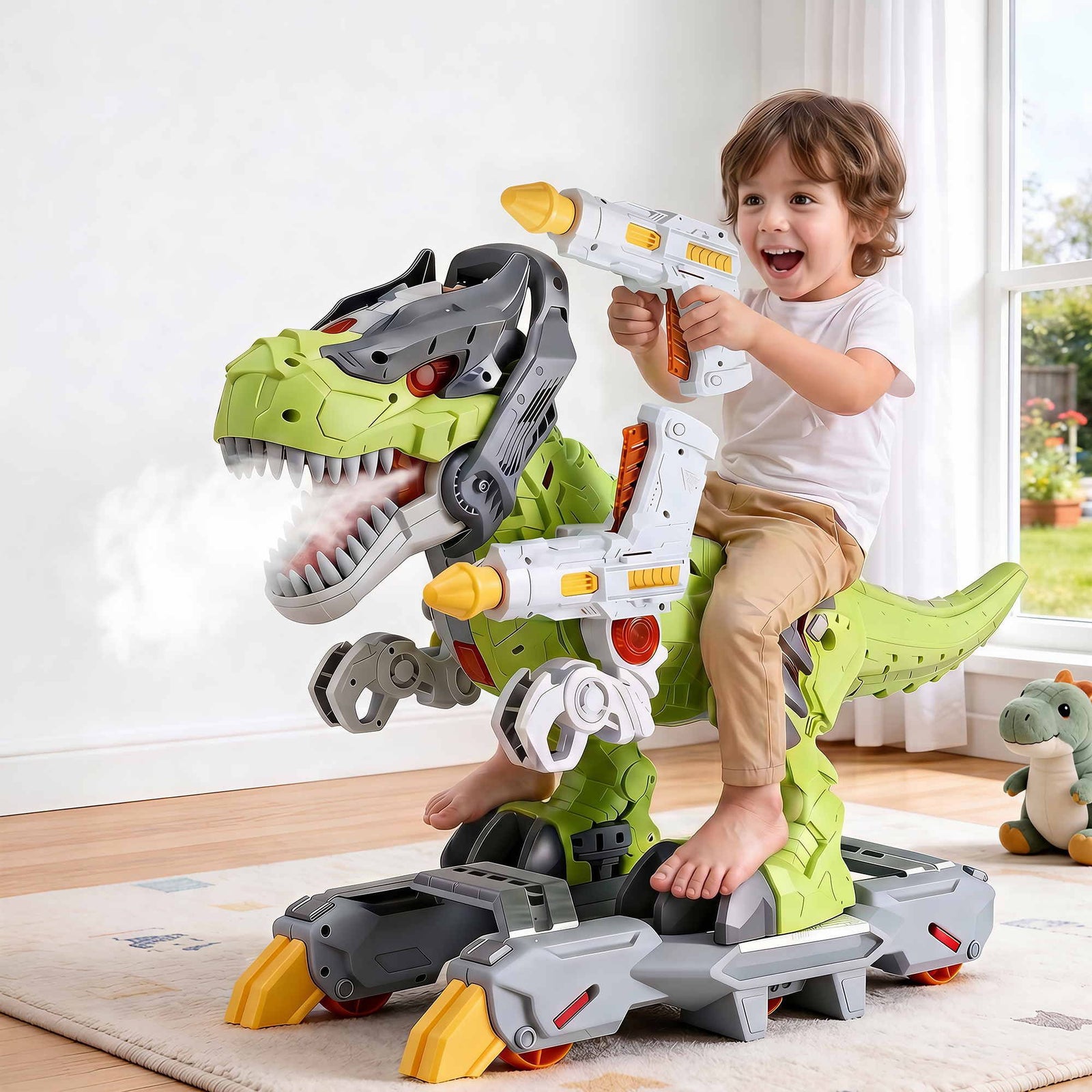 Kids Dinosaur Ride On Push Car Toy with Spray Function Indoor Outdoor Toys