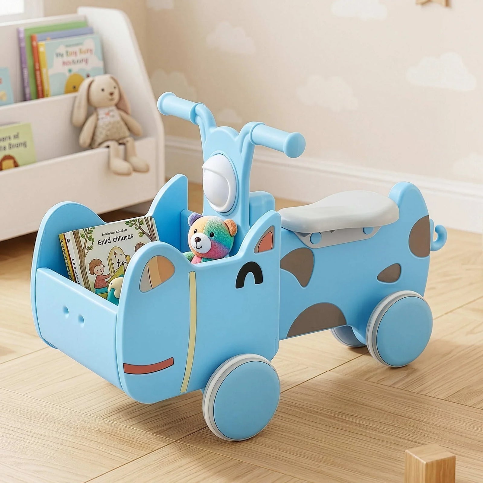 Kids Push Car – Blue Ride‑On Toy w/ Storage & Animal Stickers, 67cm