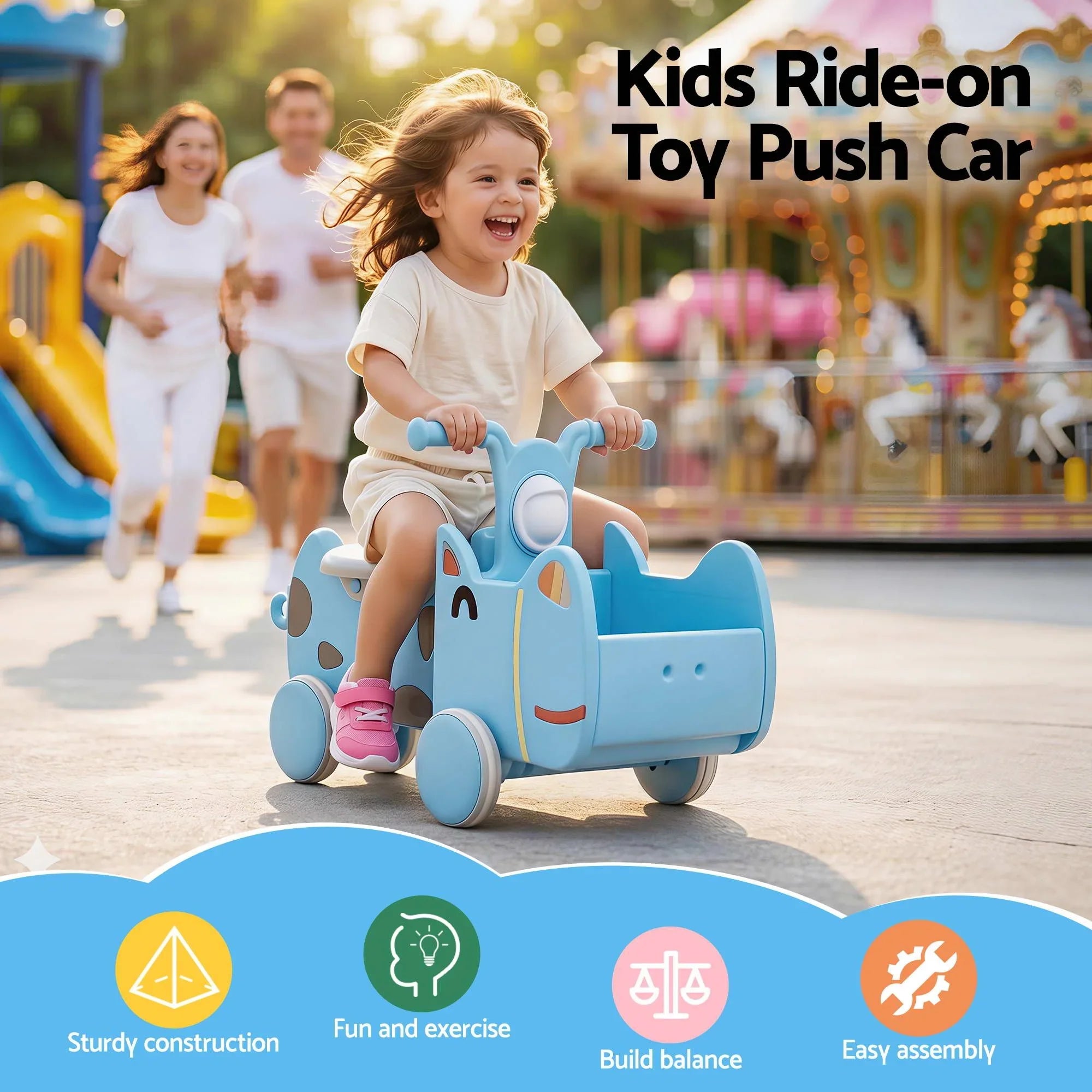 Kids Push Car – Blue Ride‑On Toy w/ Storage & Animal Stickers, 67cm