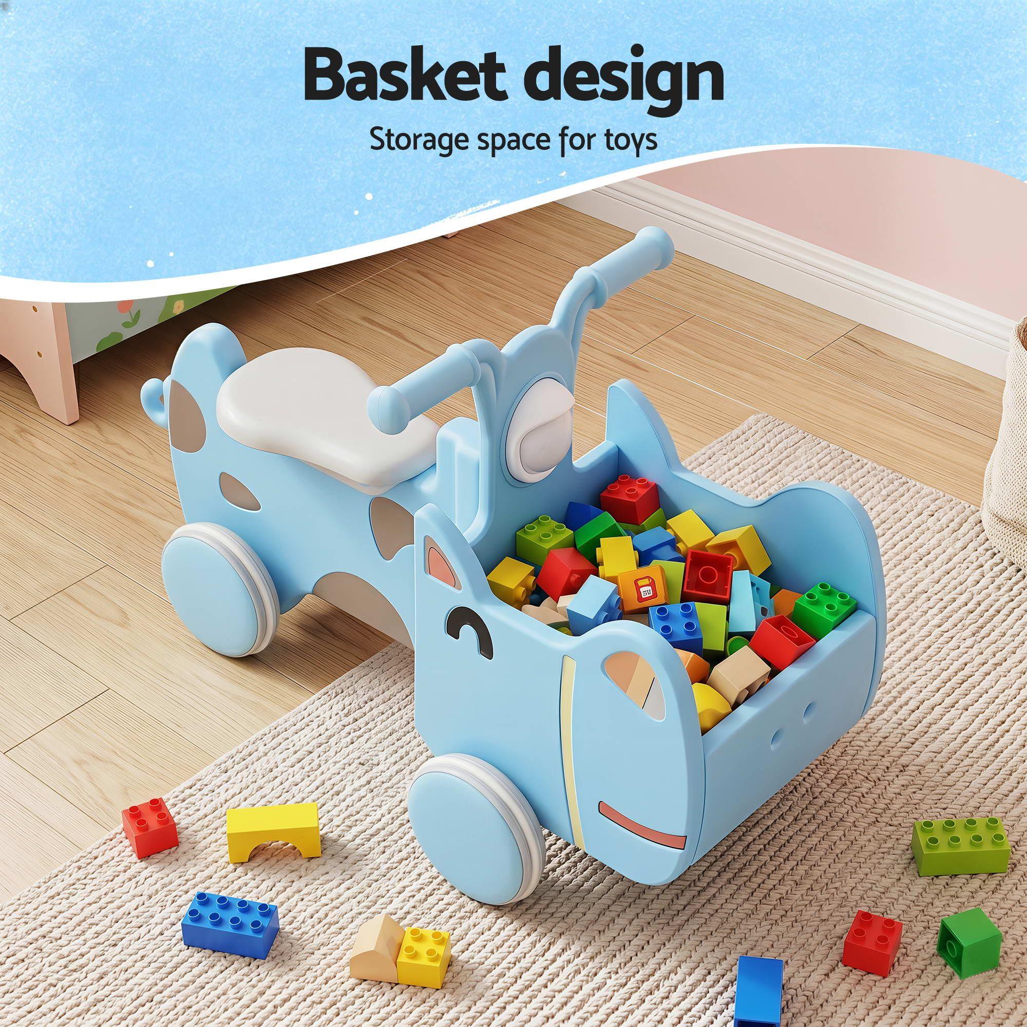 Kids Push Car – Blue Ride‑On Toy w/ Storage & Animal Stickers, 67cm