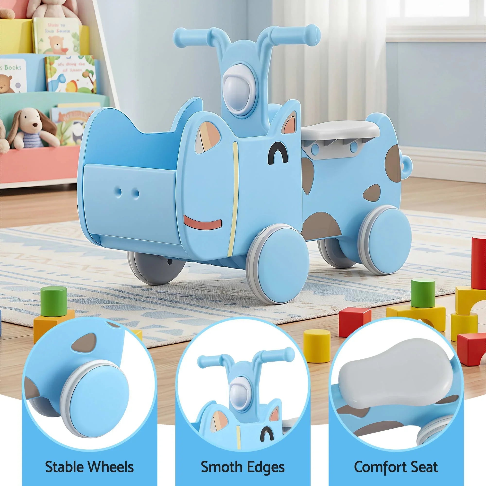 Kids Push Car – Blue Ride‑On Toy w/ Storage & Animal Stickers, 67cm