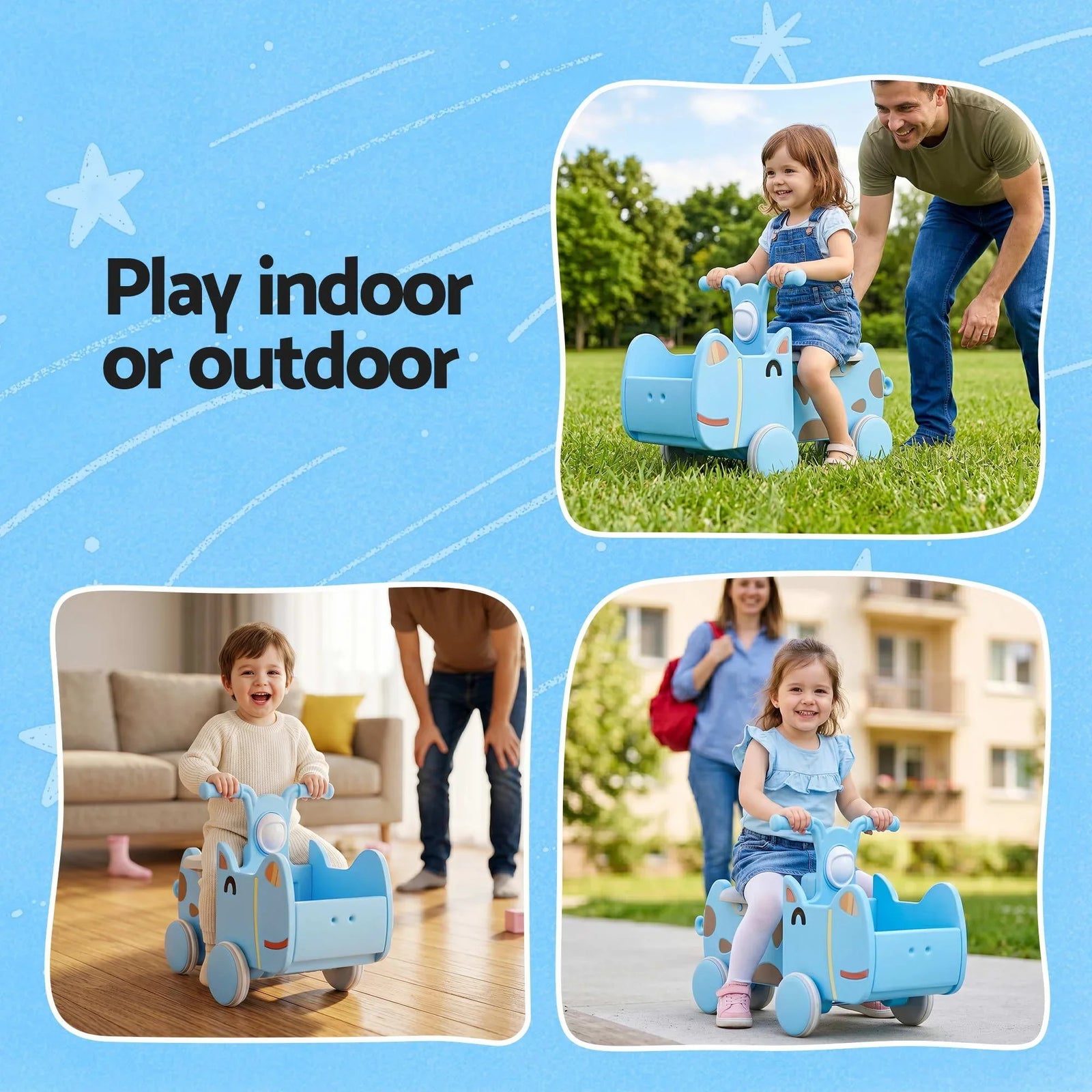Kids Push Car – Blue Ride‑On Toy w/ Storage & Animal Stickers, 67cm