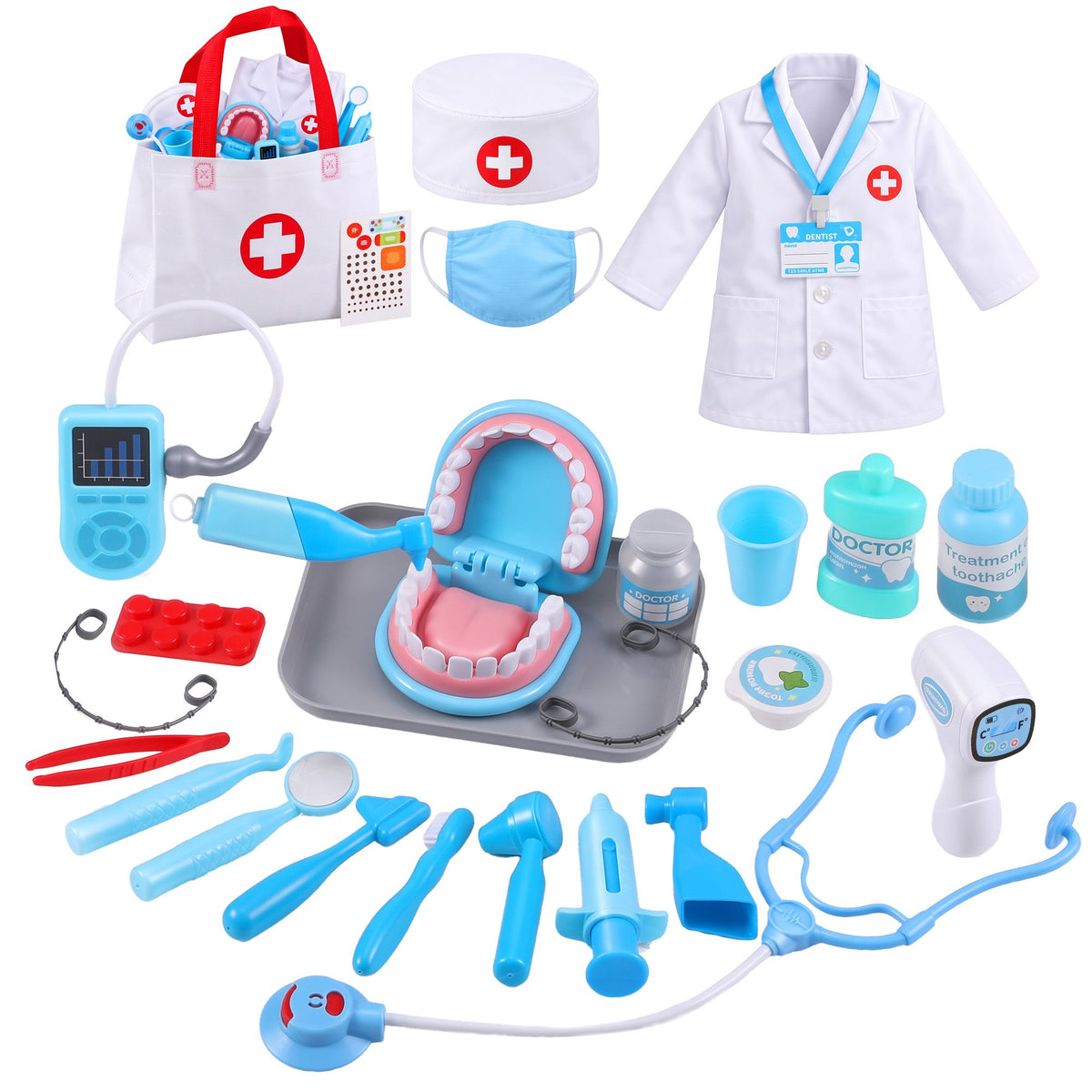 Keezi 30 Piece Kids Doctor & Dentist Play Set Pretend Medical Kit Toy Ages 3+