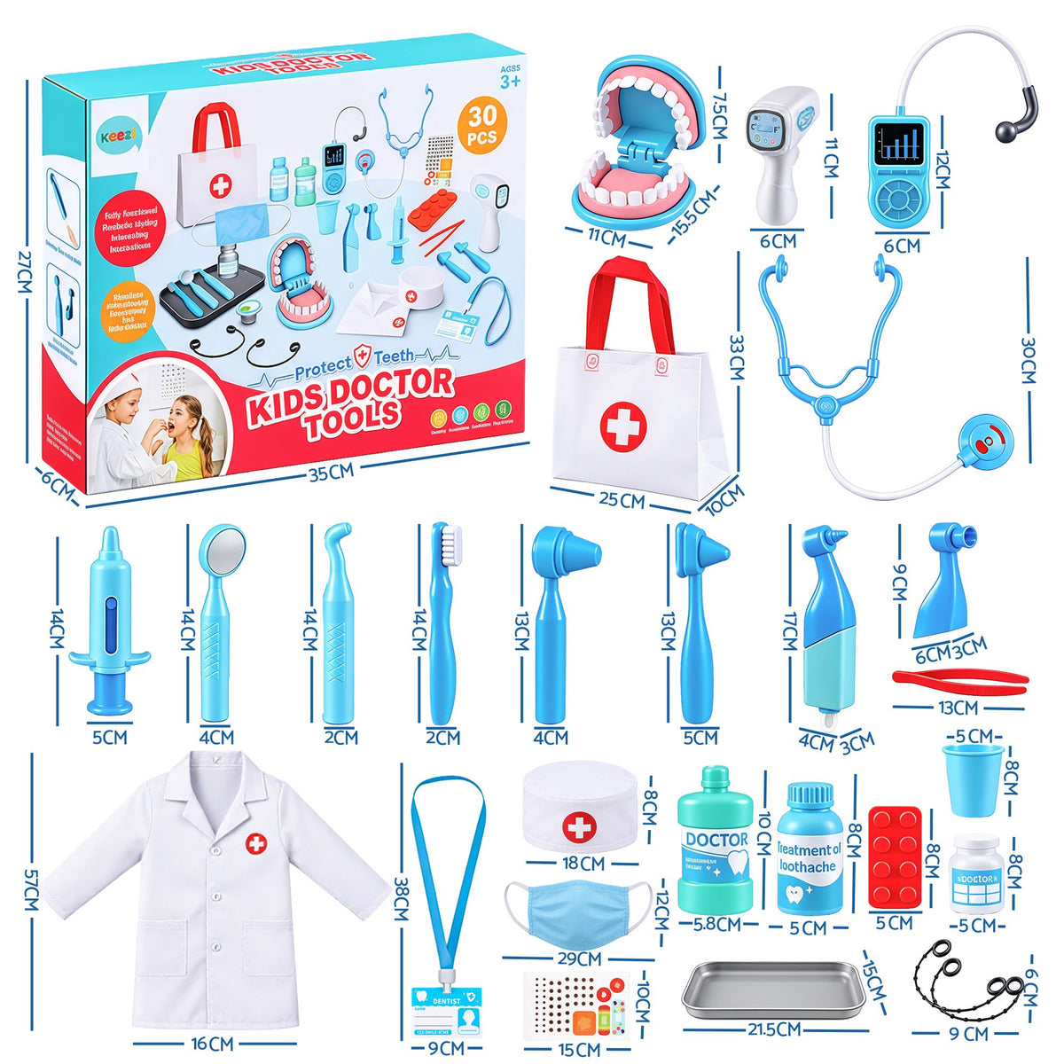 Keezi 30 Piece Kids Doctor & Dentist Play Set Pretend Medical Kit Toy Ages 3+