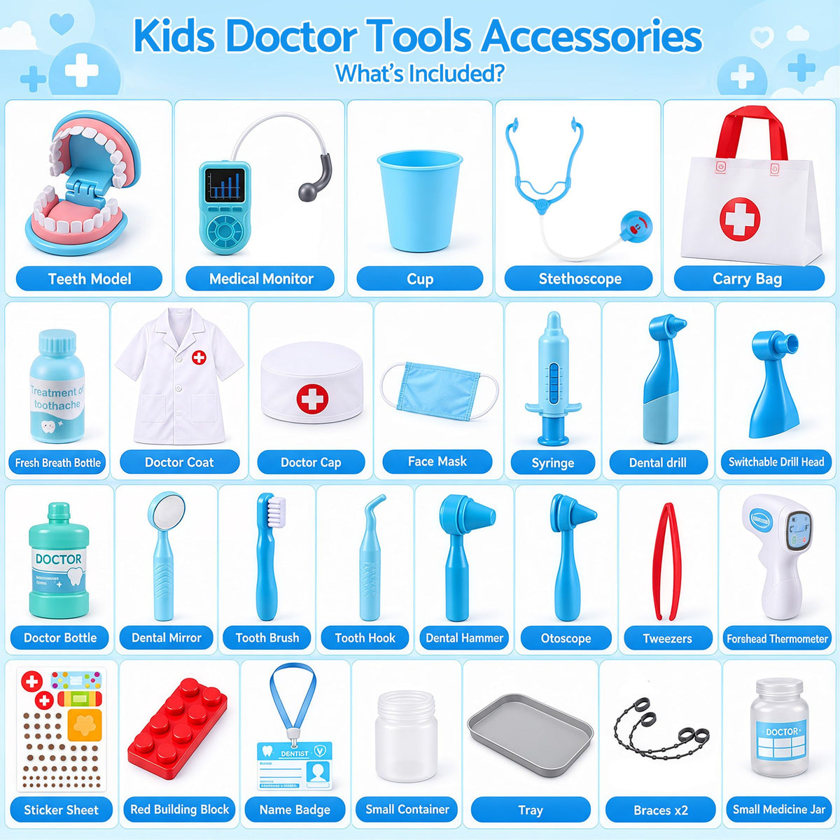 Keezi 30 Piece Kids Doctor & Dentist Play Set Pretend Medical Kit Toy Ages 3+