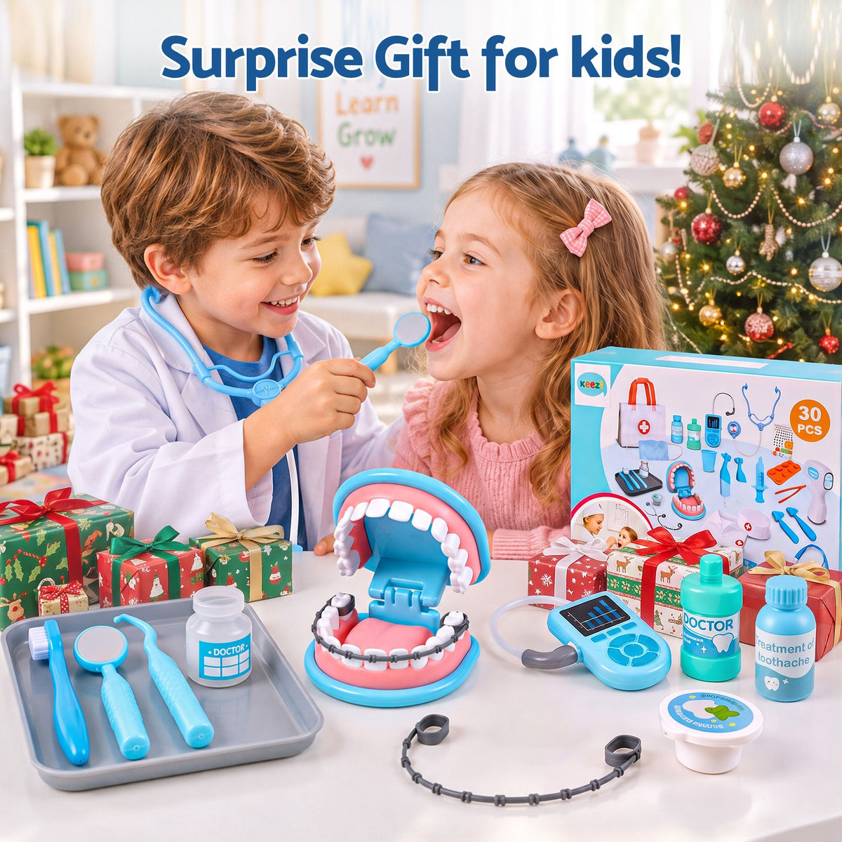 Keezi 30 Piece Kids Doctor & Dentist Play Set Pretend Medical Kit Toy Ages 3+