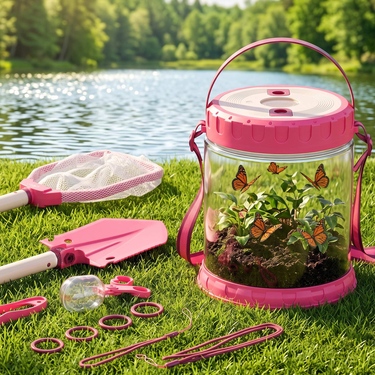 Keezi Kids Bug Catcher 12pc, Outdoor Explorer Insect Viewer, Net & Shovel Pink