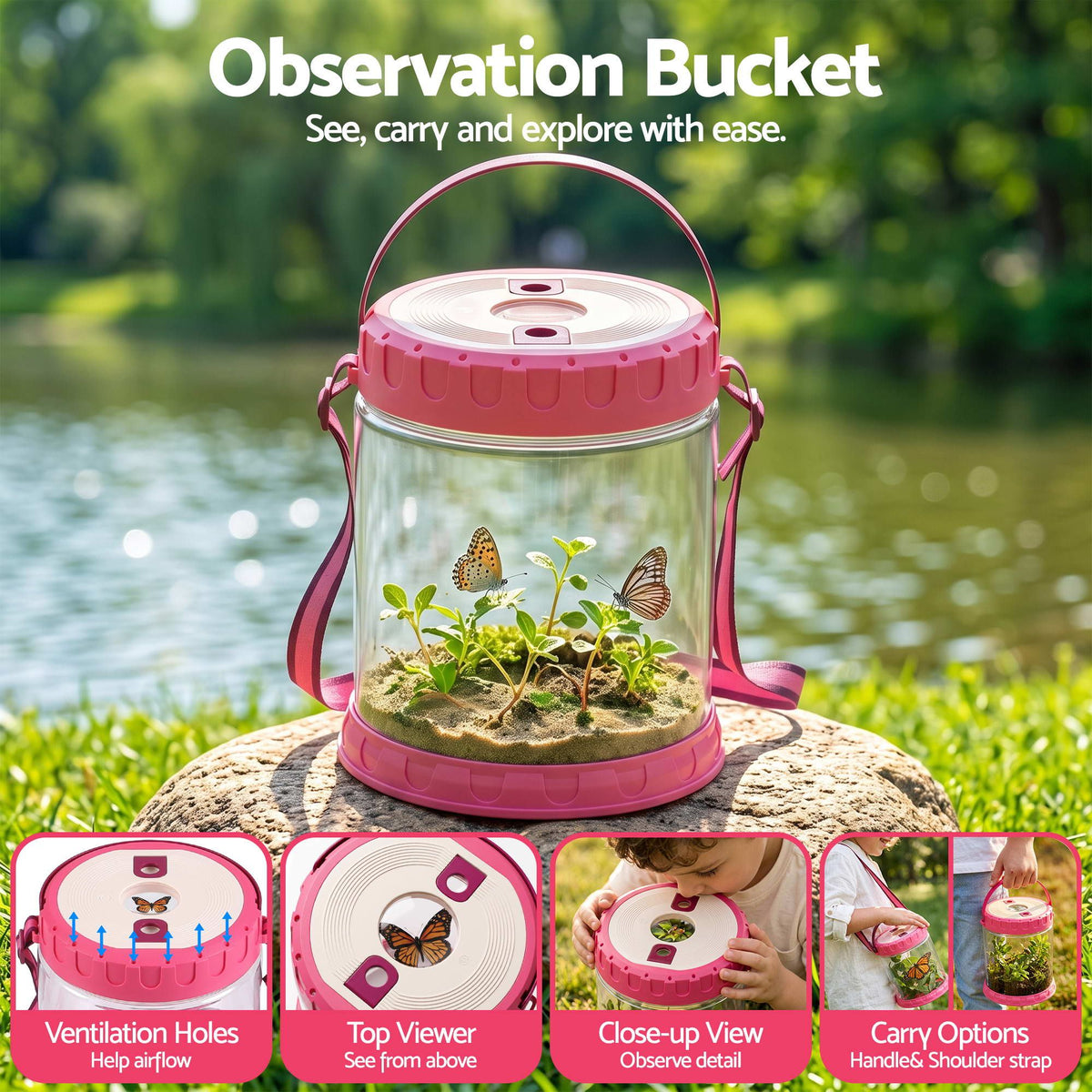 Keezi Kids Bug Catcher 12pc, Outdoor Explorer Insect Viewer, Net & Shovel Pink