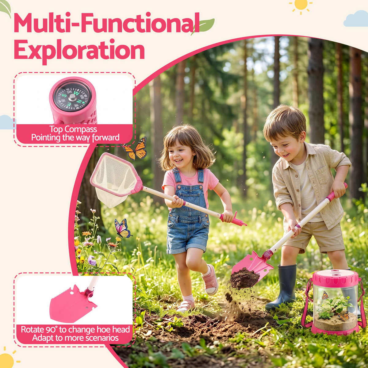 Keezi Kids Bug Catcher 12pc, Outdoor Explorer Insect Viewer, Net & Shovel Pink