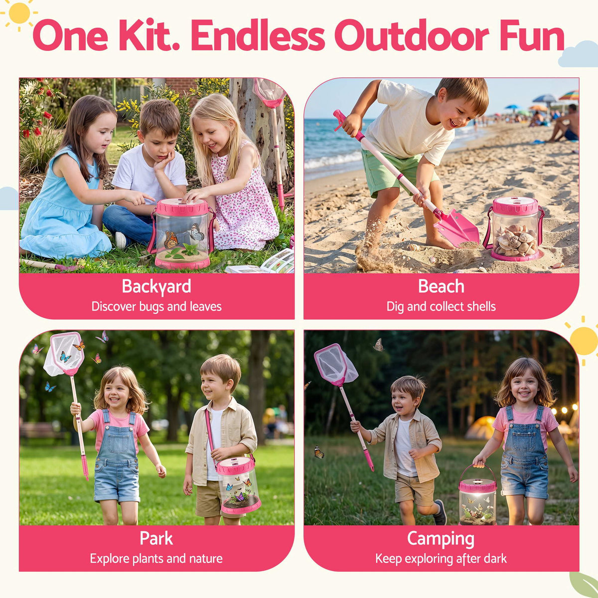 Keezi Kids Bug Catcher 12pc, Outdoor Explorer Insect Viewer, Net & Shovel Pink