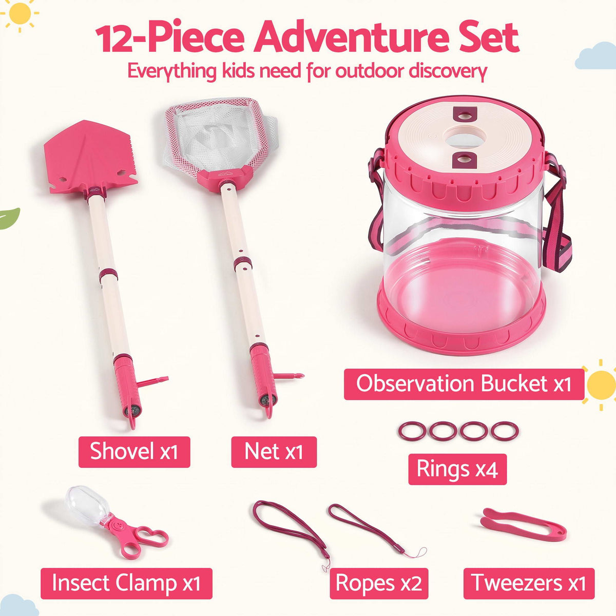 Keezi Kids Bug Catcher 12pc, Outdoor Explorer Insect Viewer, Net & Shovel Pink