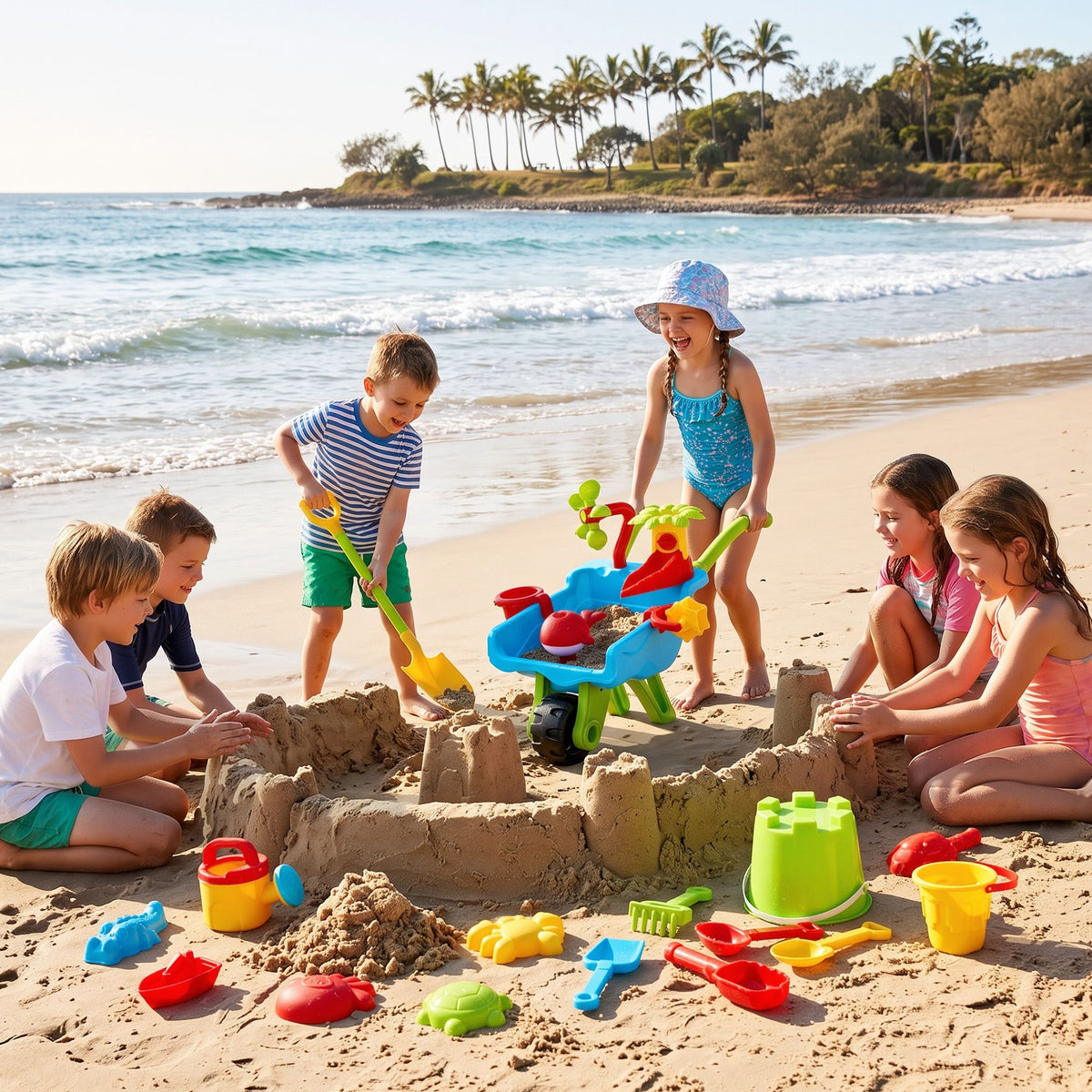 Kids Sandpit Beach Toys Set Wheelbarrow Shovels Animal Molds Sand Play