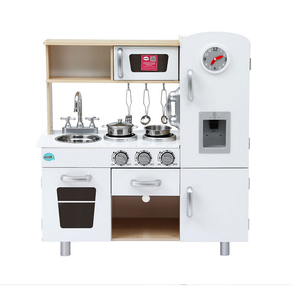 Kids Kitchen Play Set Wooden Pretend Toys Cooking Children Clock Beige