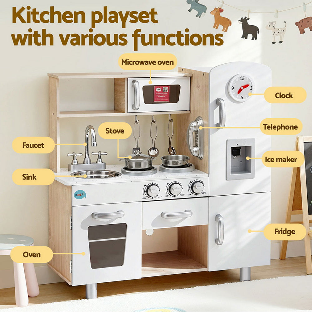 Kids Kitchen Play Set Wooden Pretend Toys Cooking Children Clock Beige