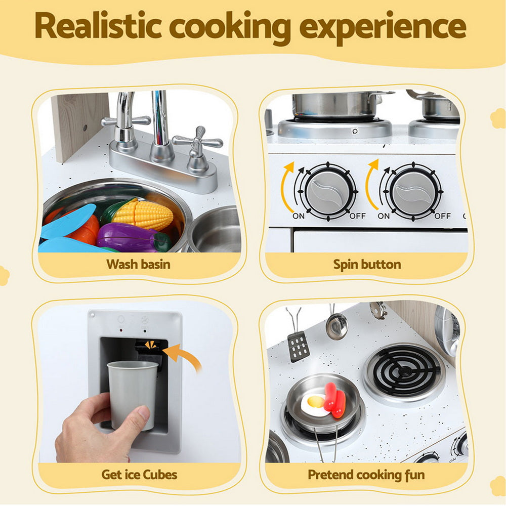 Kids Kitchen Play Set Wooden Pretend Toys Cooking Children Clock Beige