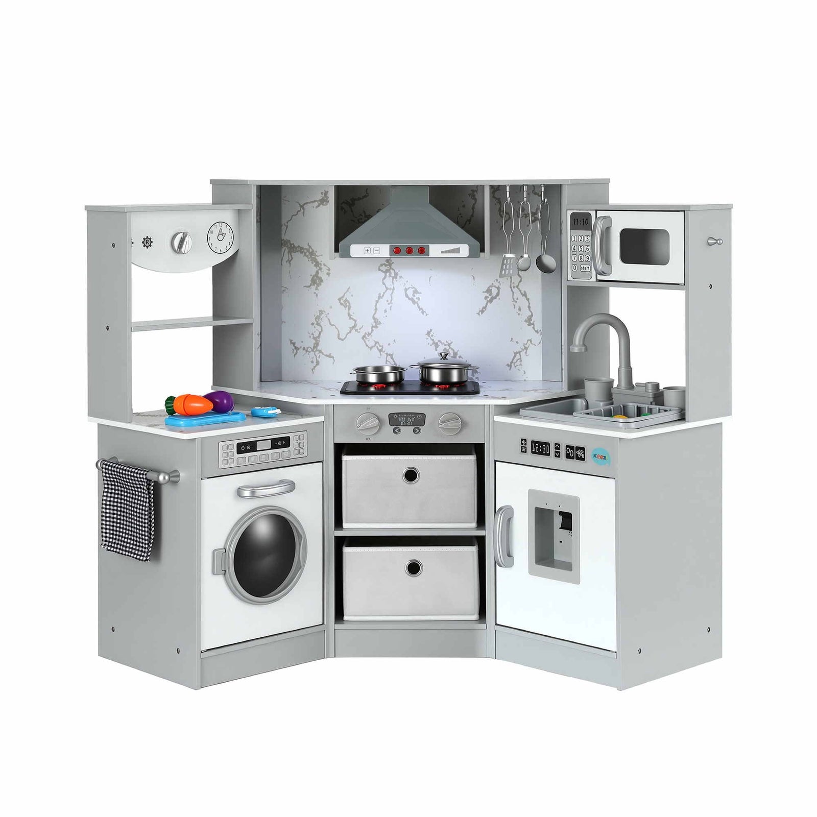 Keezi 112cm Wooden Pretend Kitchen Playset Kids Toy Sink Stove Grey