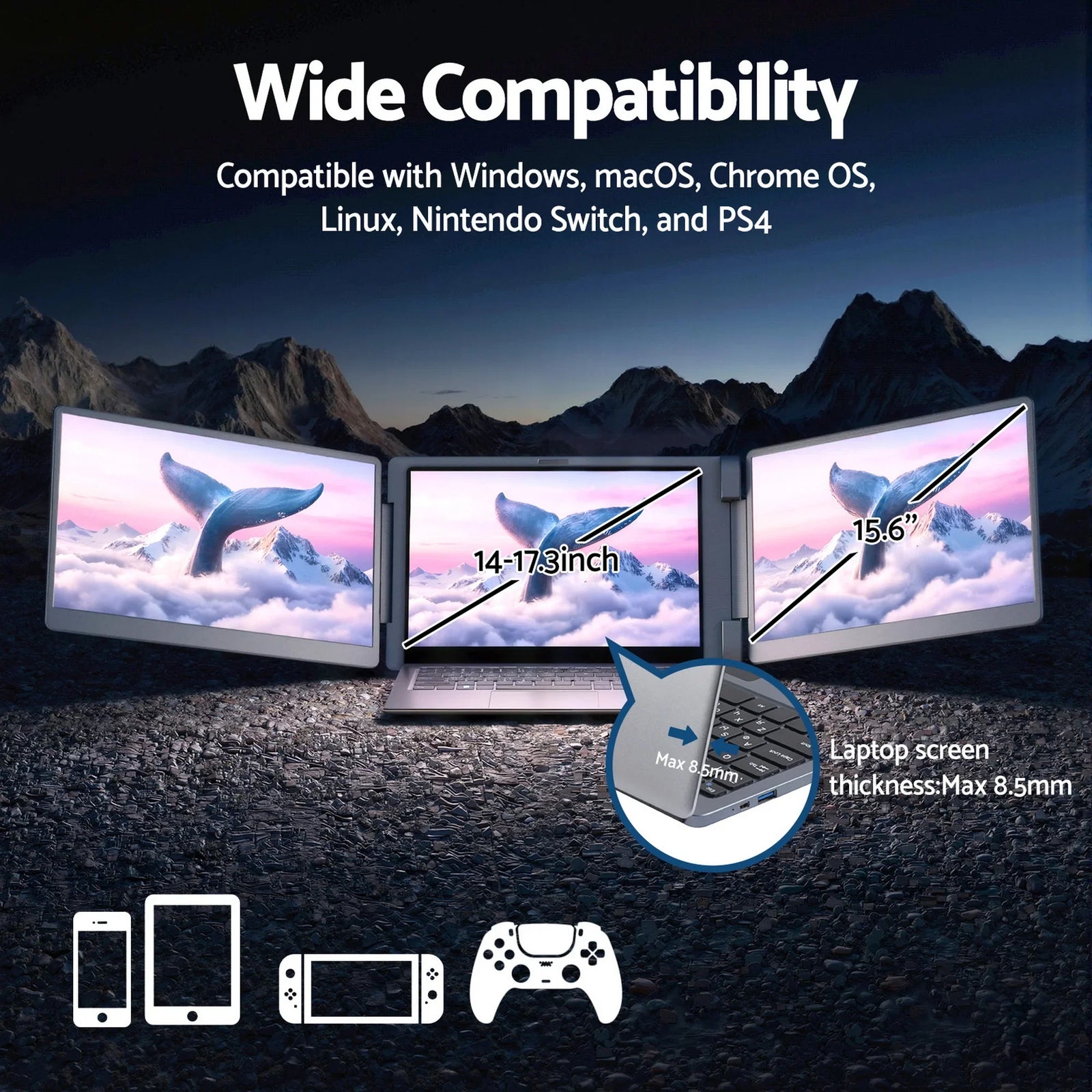 Triple Portable Monitor Laptop Screen Extender 15.6