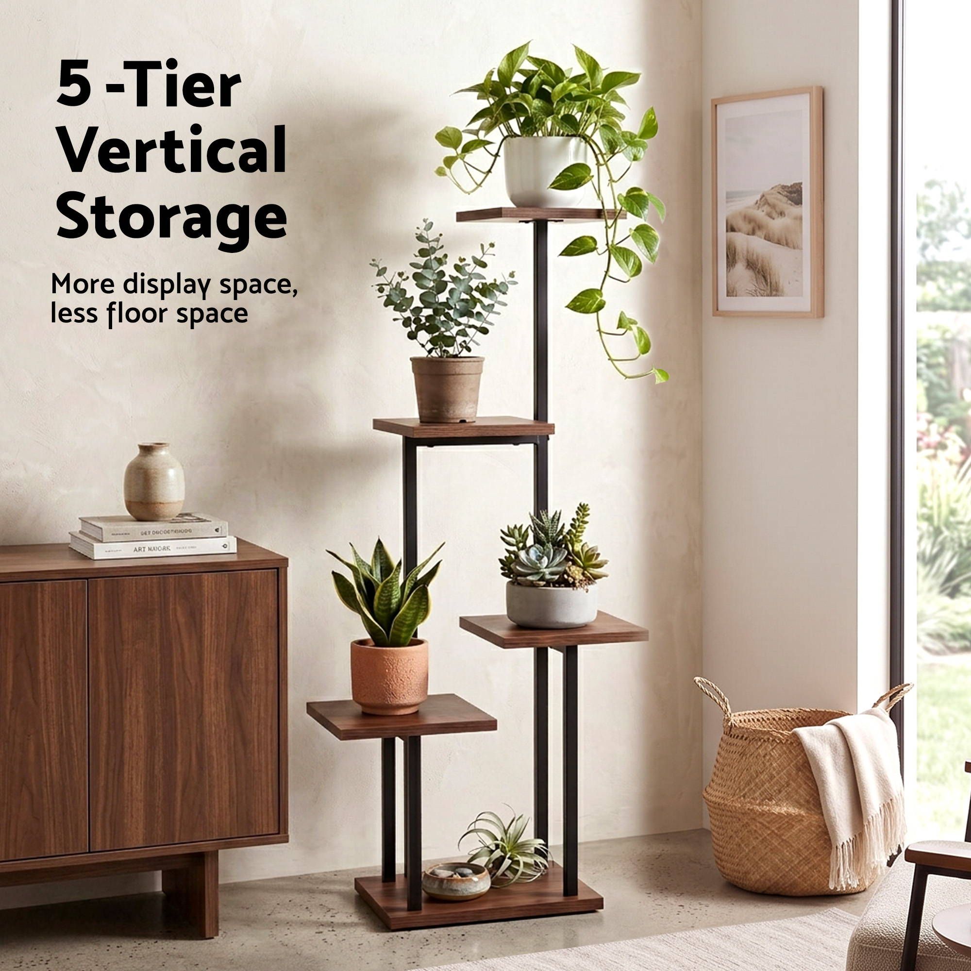 Artiss 5-Tier Plant Stand Indoor Outdoor, Metal & Wood Pot Plant Shelf, Tall Display Rack for Multiple Plants, Tiered Flower Holder for Patio Garden Balcony Living Room Corner Bedroom, Brown