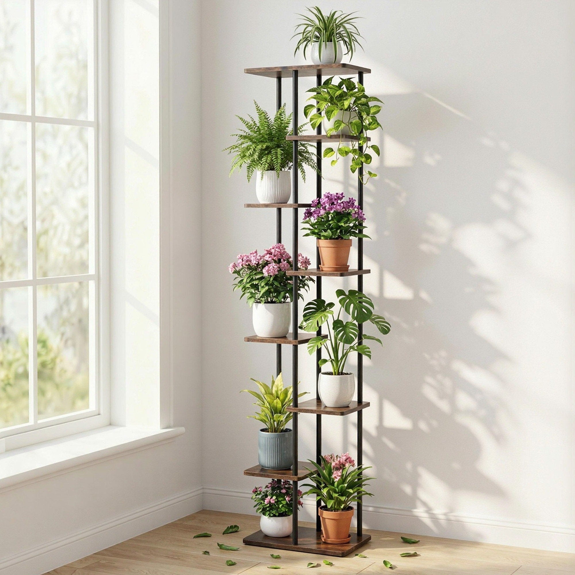 8 Tiers Plant Stand Metal Flower Pots Shelf Indoor Outdoor Garden Home