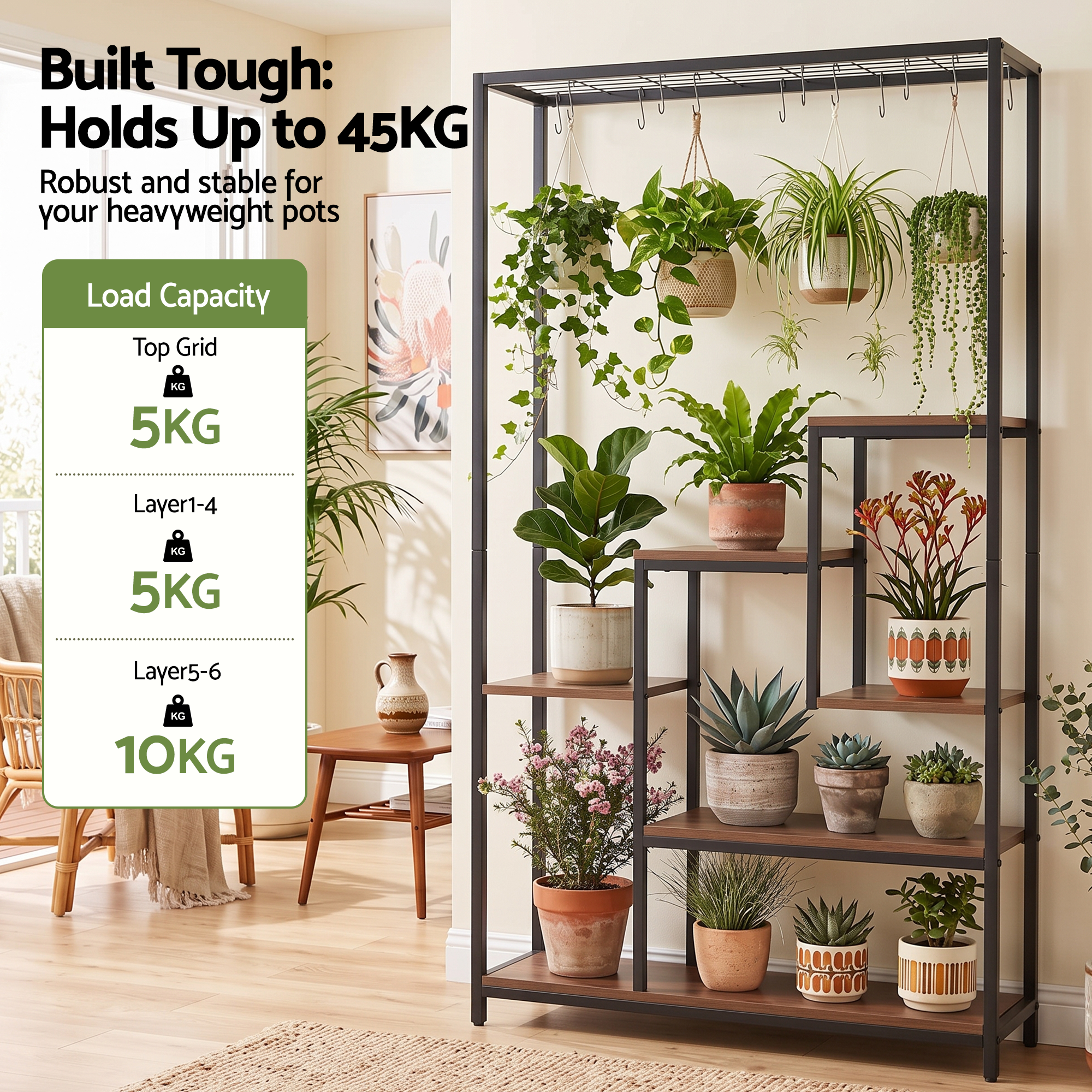 Artiss Tall Plant Stand Indoor, 6-Tier Pot Plant Shelf with Hanging Hooks, Metal & Wooden Flower Holder, Large Tiered Display Rack for Patio Garden Balcony Living Room, Indoor Outdoor Use