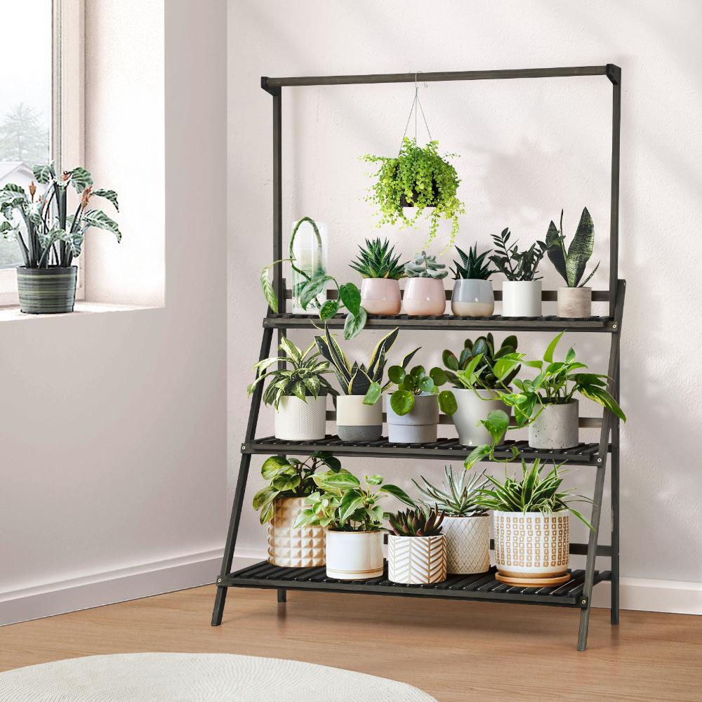 3 Tier Plant Stand Flower Pot Shelf Wooden Black