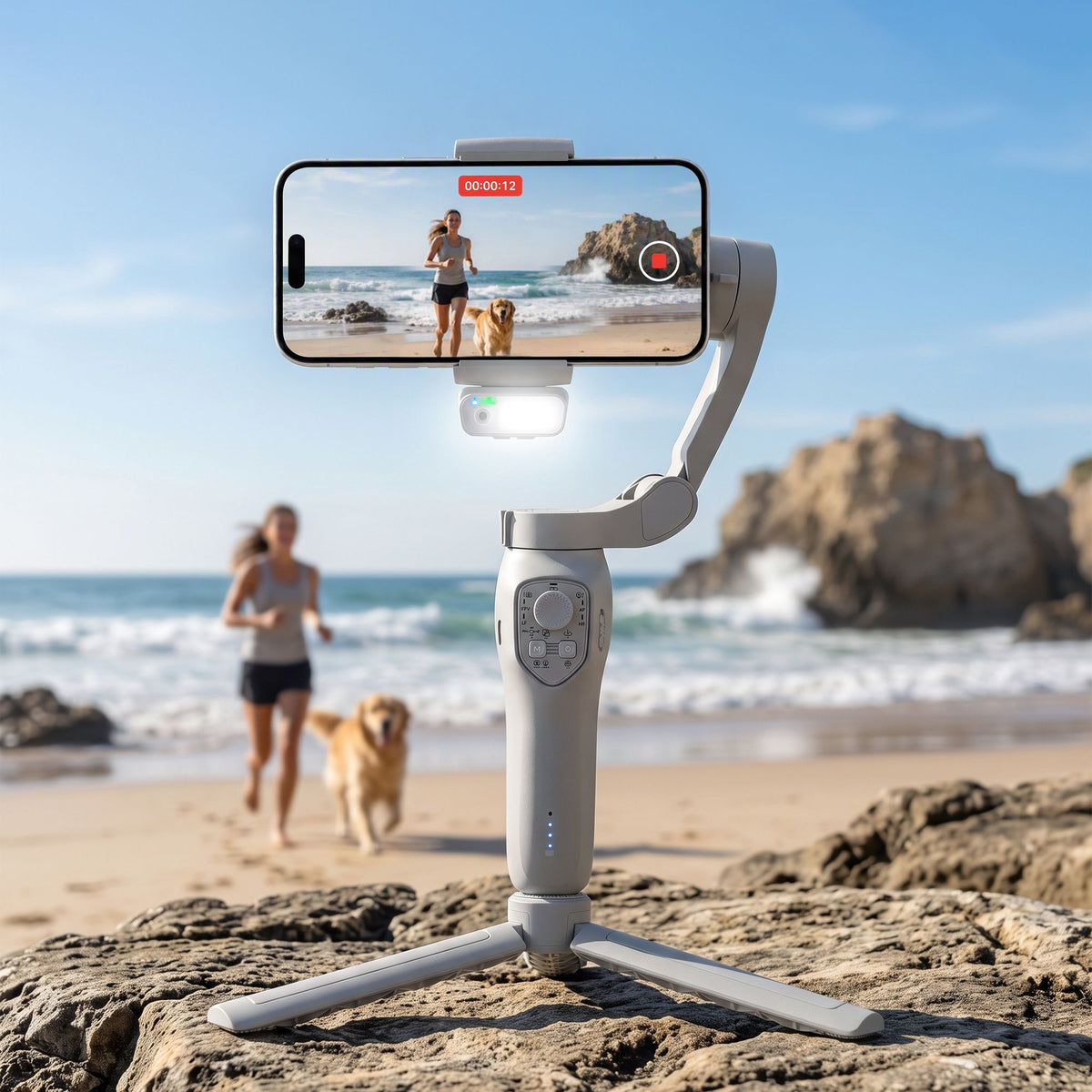 Devanti 3-Axis Phone Gimbal Stabiliser Tripod AI Tracking RGB Fill Light Grey