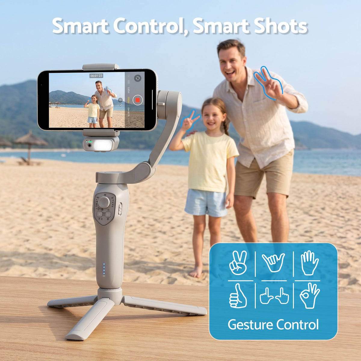 Devanti 3-Axis Phone Gimbal Stabiliser Tripod AI Tracking RGB Fill Light Grey