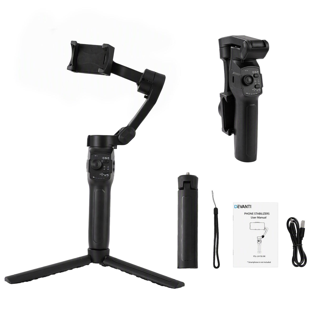 Devanti 3-Axis Phone Gimbal Stabiliser Tripod AI Face Tracking Foldable Black