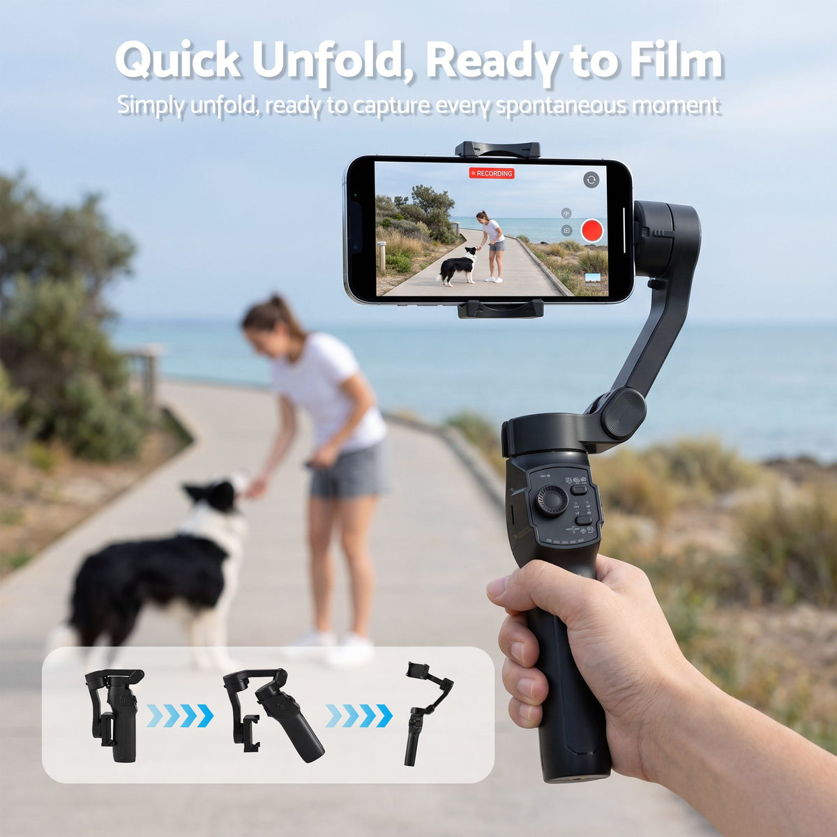 Devanti 3-Axis Phone Gimbal Stabiliser Tripod AI Face Tracking Foldable Black