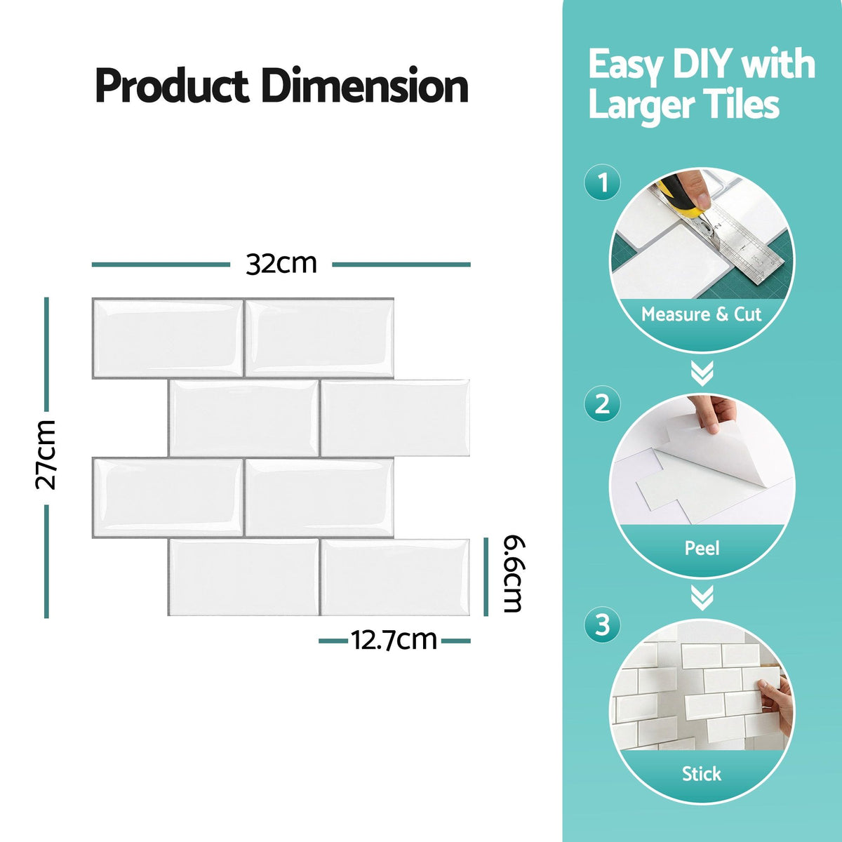 3D Peel and Stick Wall Tiles Self Adhesive Subway Backsplash 10 Sheets, White