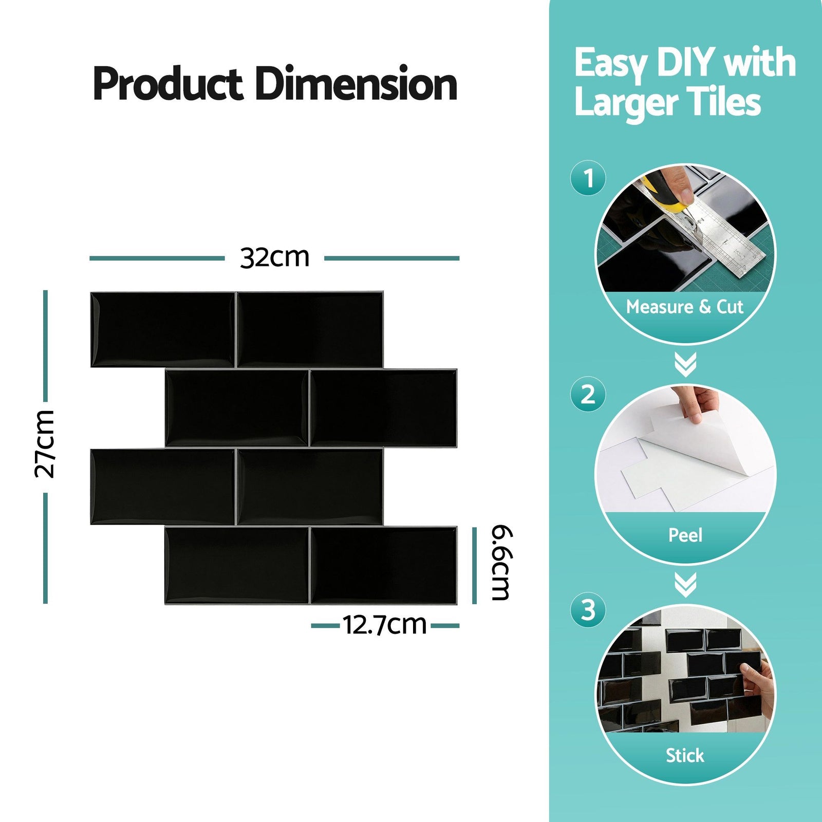 3D Peel and Stick Wall Tiles Self Adhesive Subway Backsplash 10 Sheets, Black