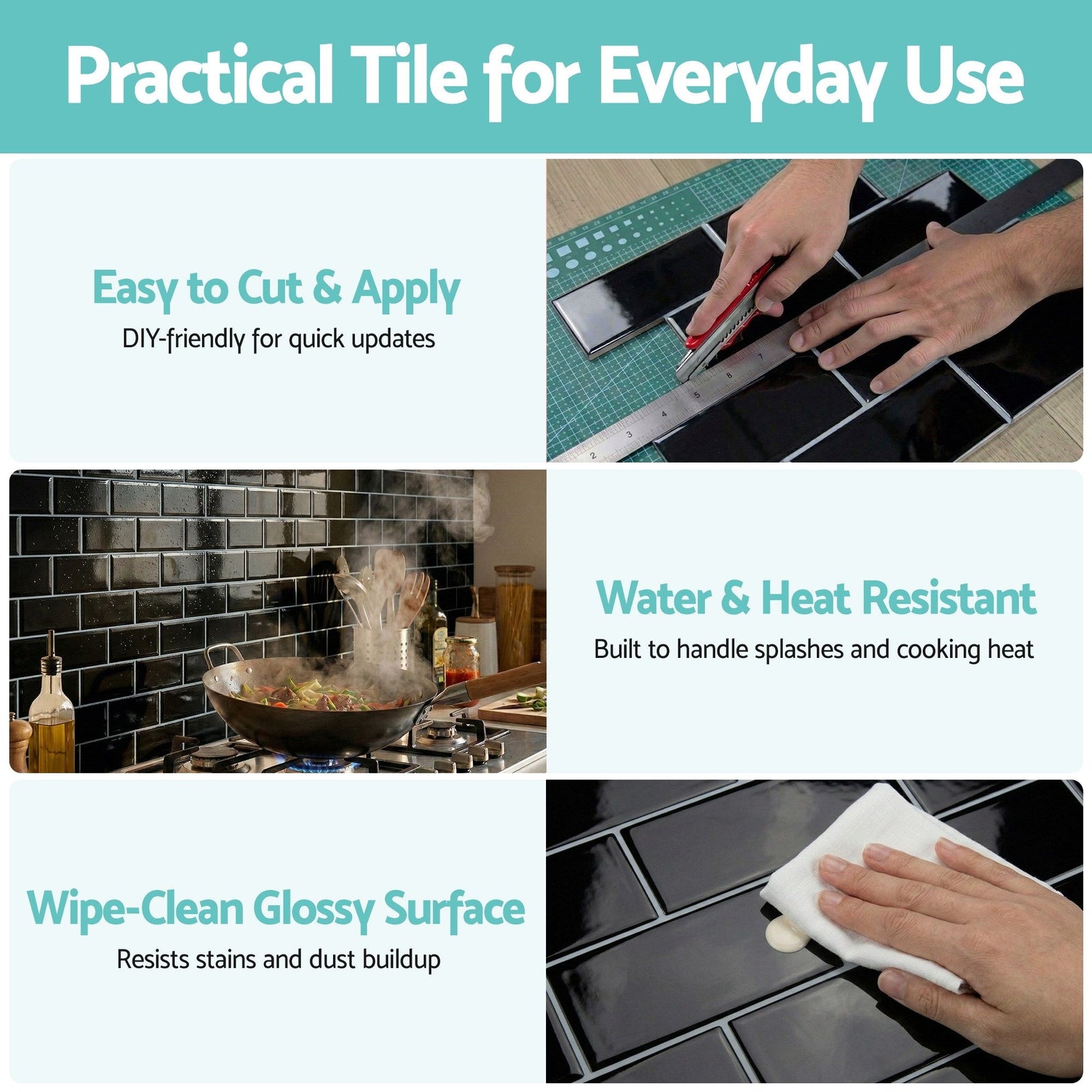 3D Peel and Stick Wall Tiles Self Adhesive Subway Backsplash 10 Sheets, Black