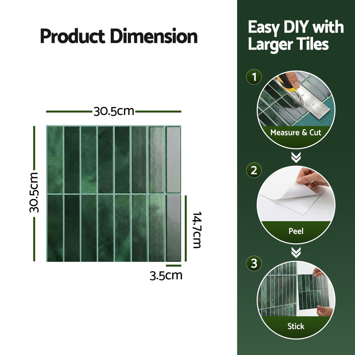 Green 3D Peel & Stick Wall Tiles Self Adhesive Kitchen Backsplash 10 Pack