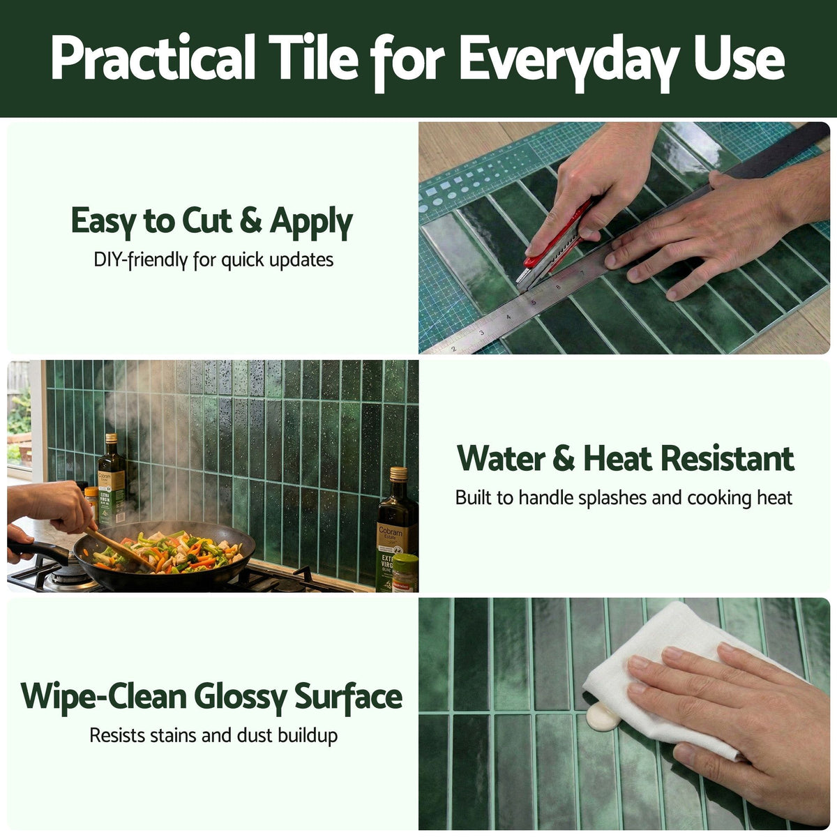 Green 3D Peel & Stick Wall Tiles Self Adhesive Kitchen Backsplash 10 Pack