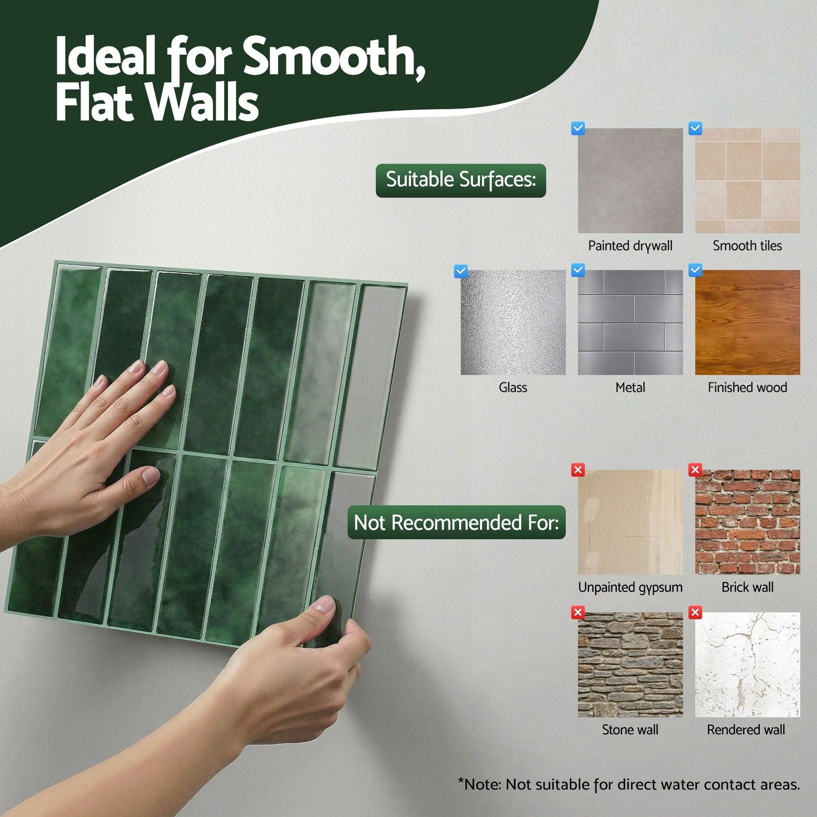 Green 3D Peel & Stick Wall Tiles Self Adhesive Kitchen Backsplash 10 Pack
