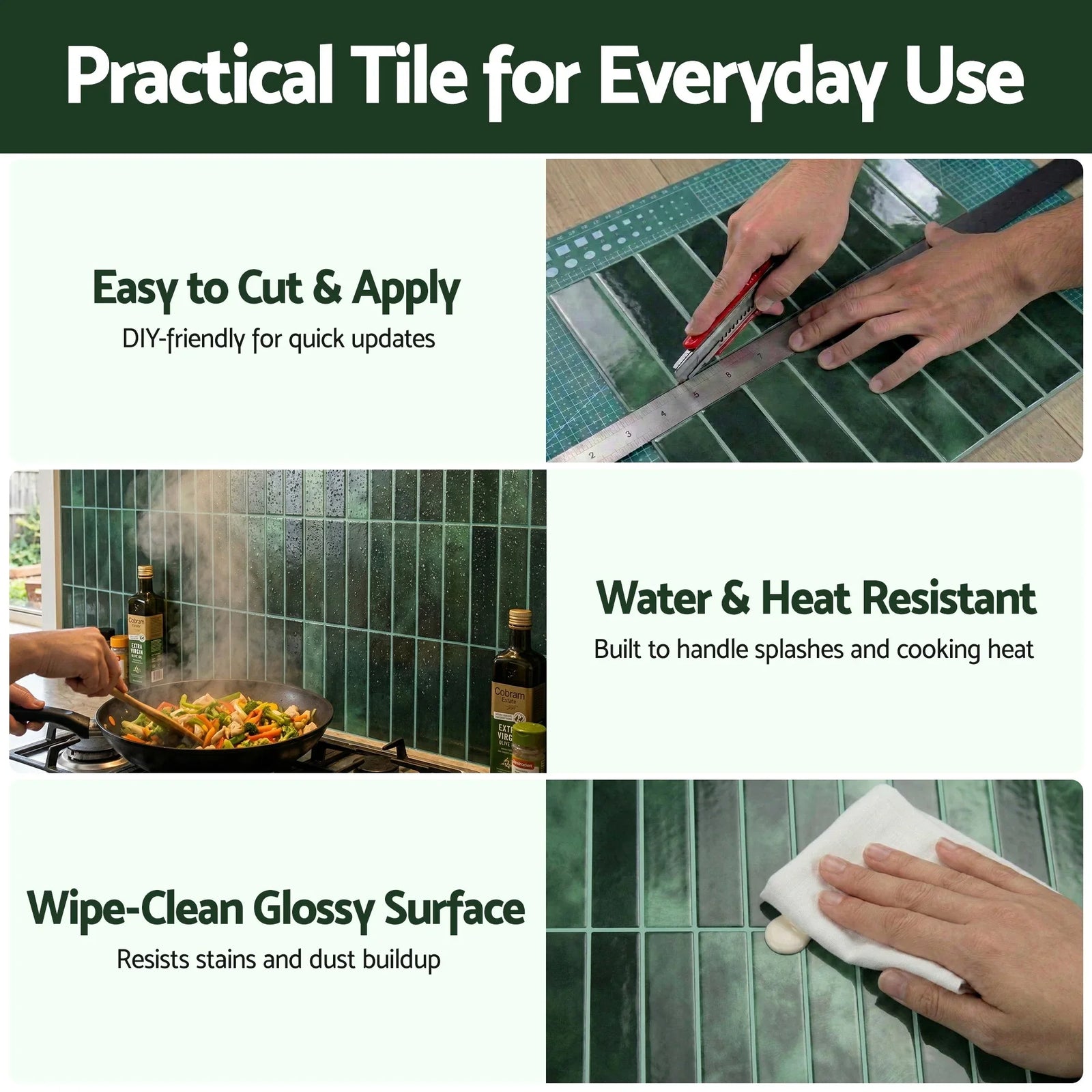 3D Peel and Stick Wall Tiles Self Adhesive LinearGrid Backsplash 10 Sheets, Green