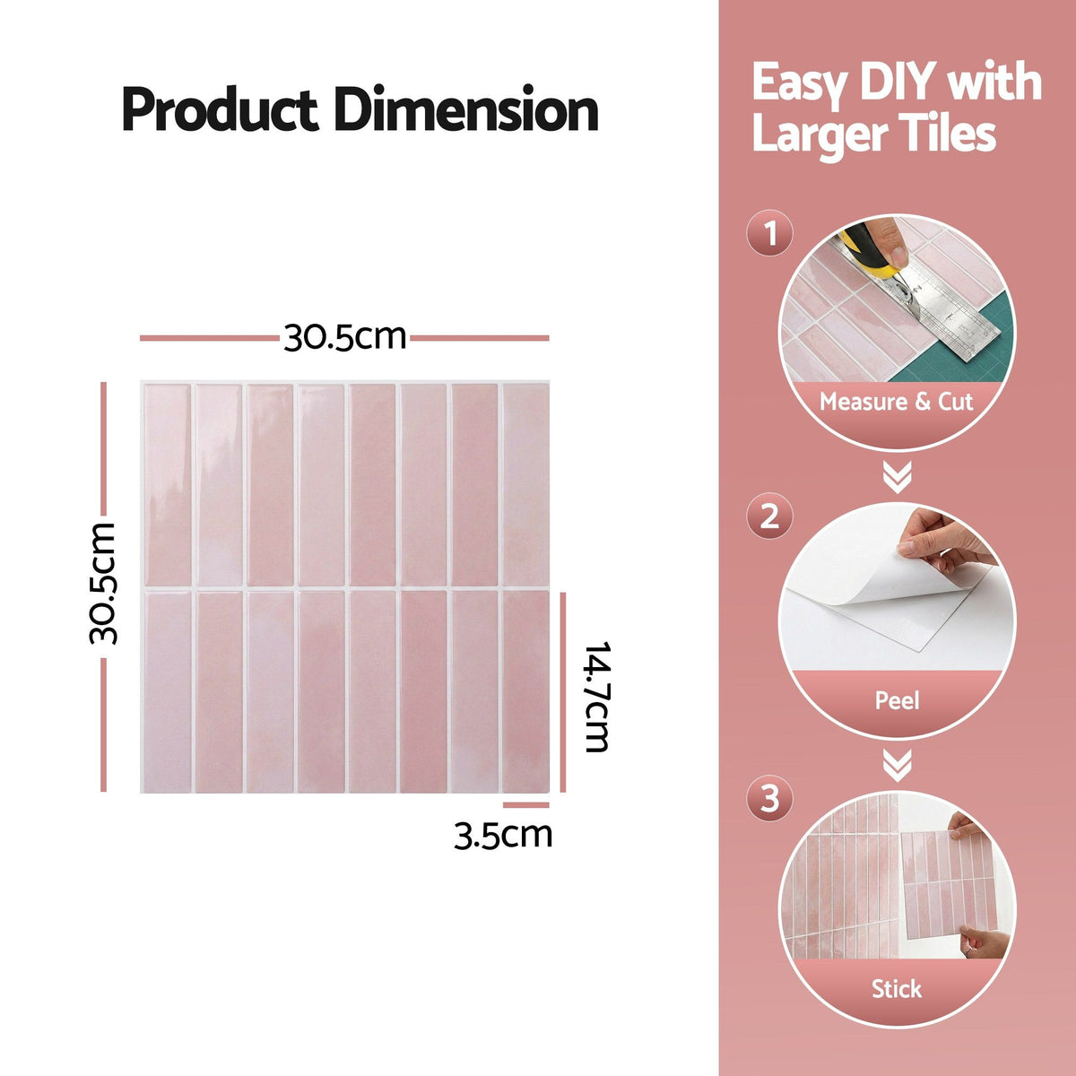 3D Peel and Stick Wall Tiles Self Adhesive LinearGrid Backsplash 10 Sheets, Pink