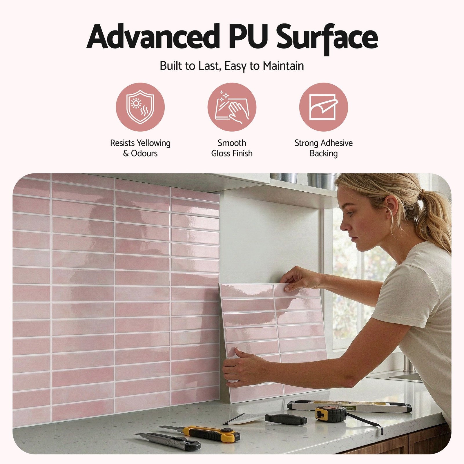 3D Peel and Stick Wall Tiles Self Adhesive LinearGrid Backsplash 10 Sheets, Pink