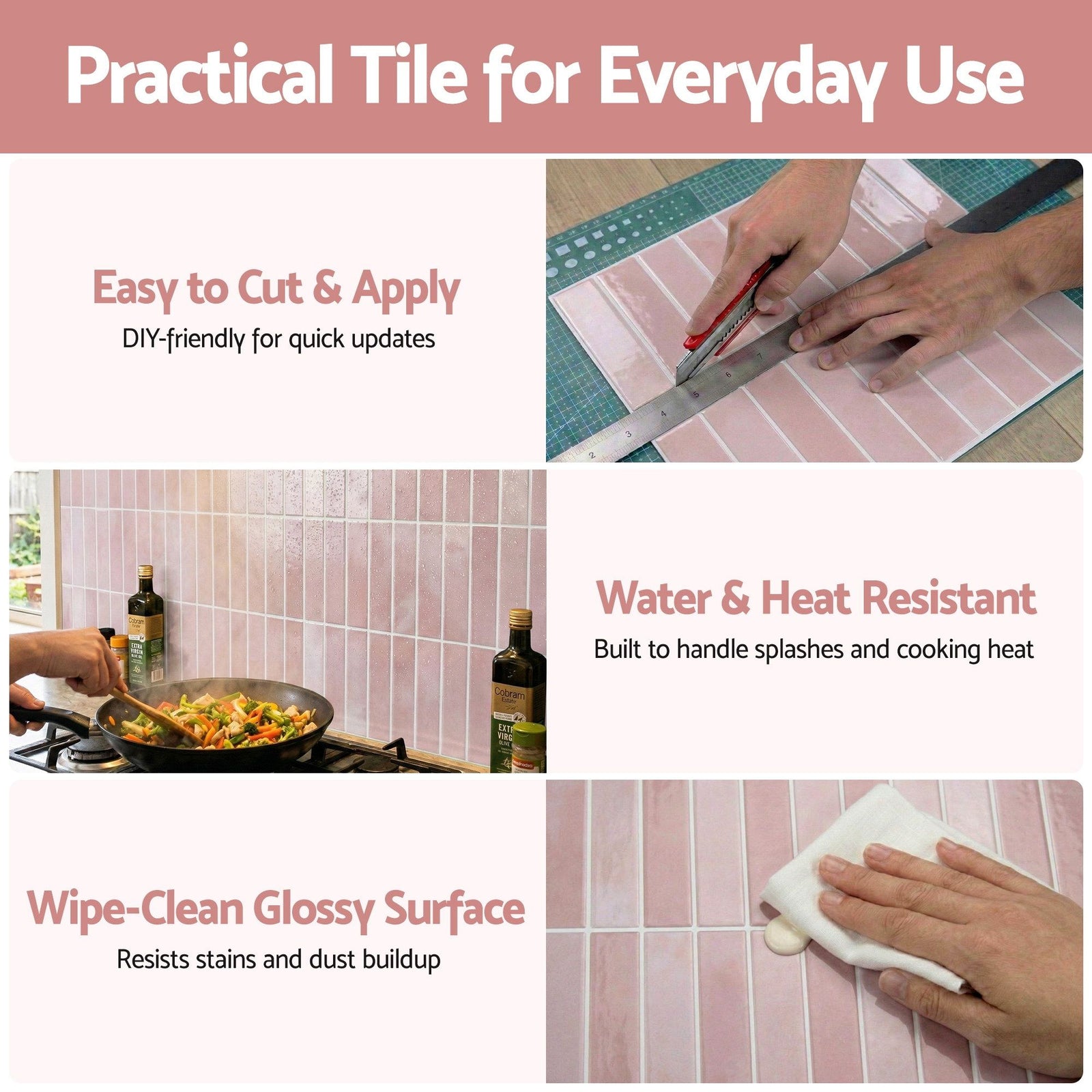 3D Peel and Stick Wall Tiles Self Adhesive LinearGrid Backsplash 10 Sheets, Pink