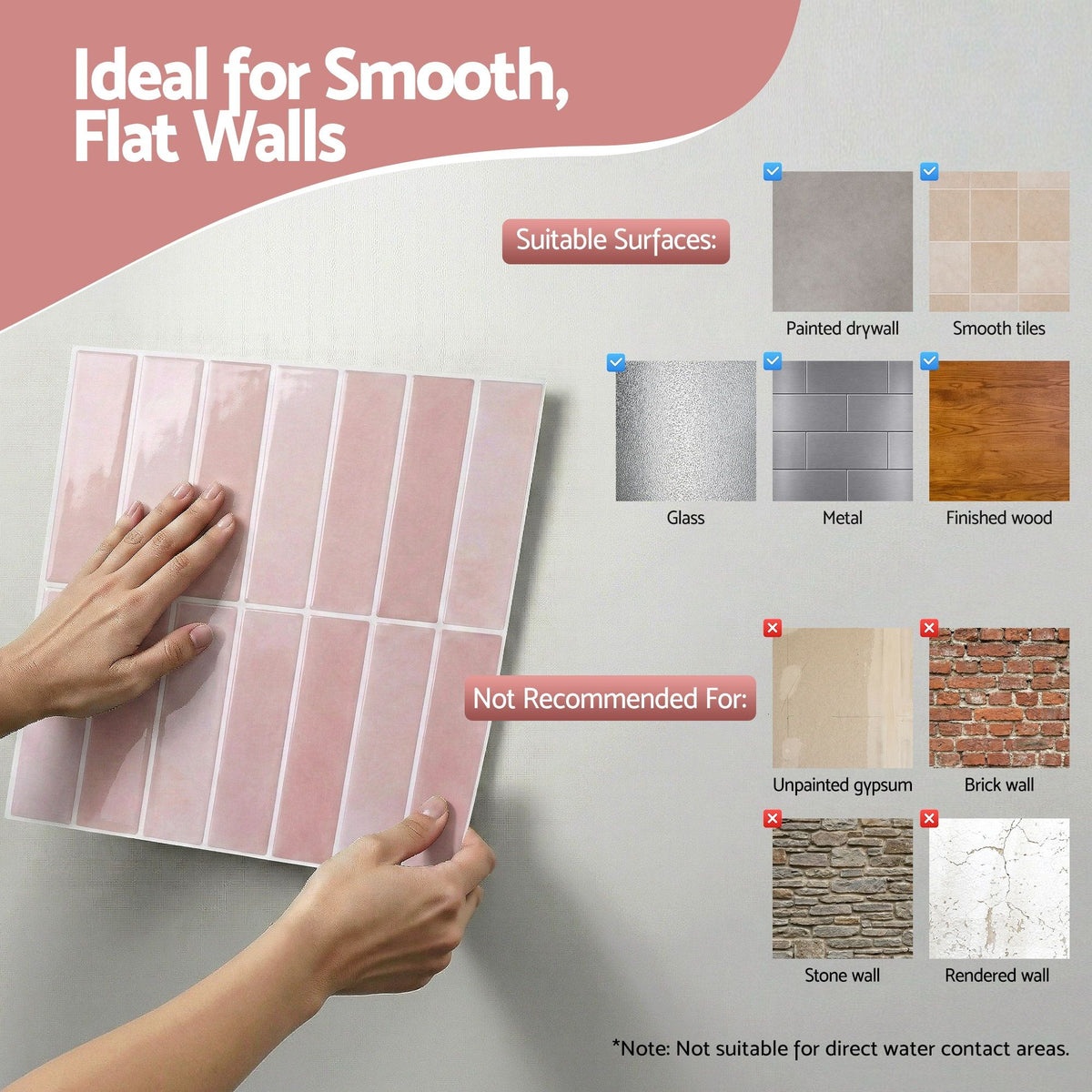 3D Peel and Stick Wall Tiles Self Adhesive LinearGrid Backsplash 10 Sheets, Pink