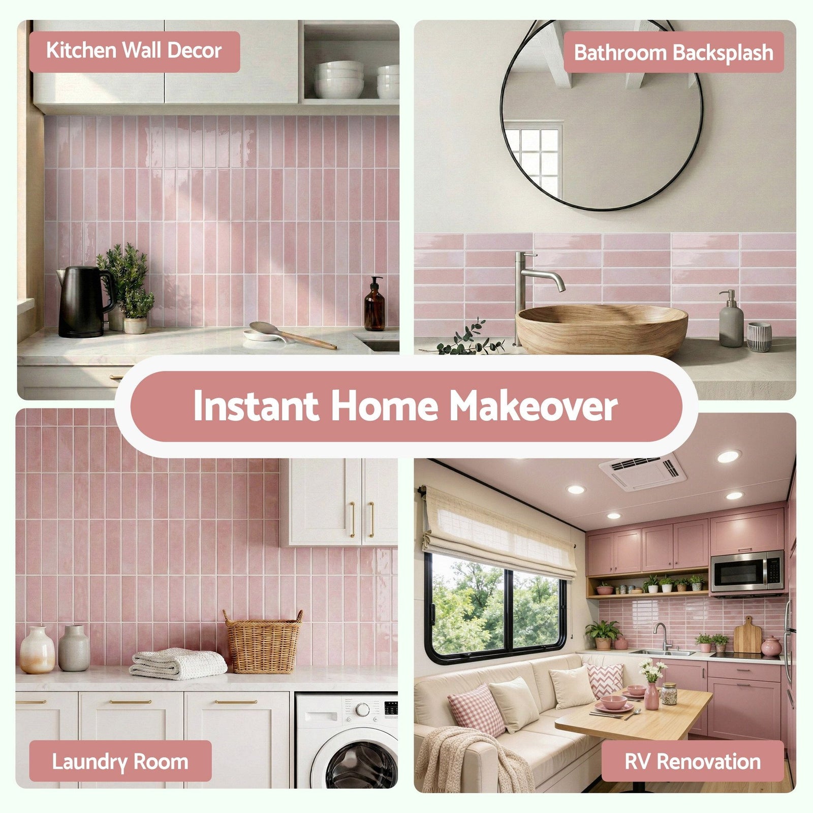 3D Peel and Stick Wall Tiles Self Adhesive LinearGrid Backsplash 10 Sheets, Pink