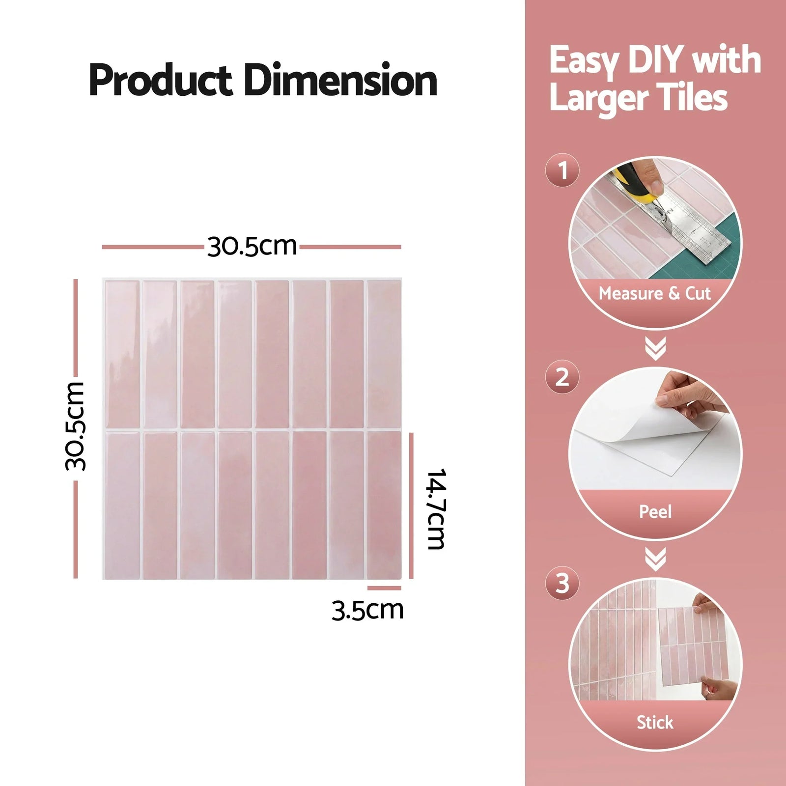 3D Peel and Stick Wall Tiles Self Adhesive LinearGrid Backsplash 10 Sheets, Pink