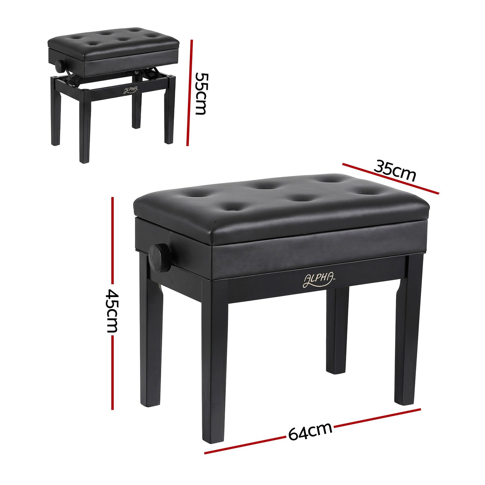 Adjustable Piano Bench Wooden Keyboard Seat Padded Music Chair Black