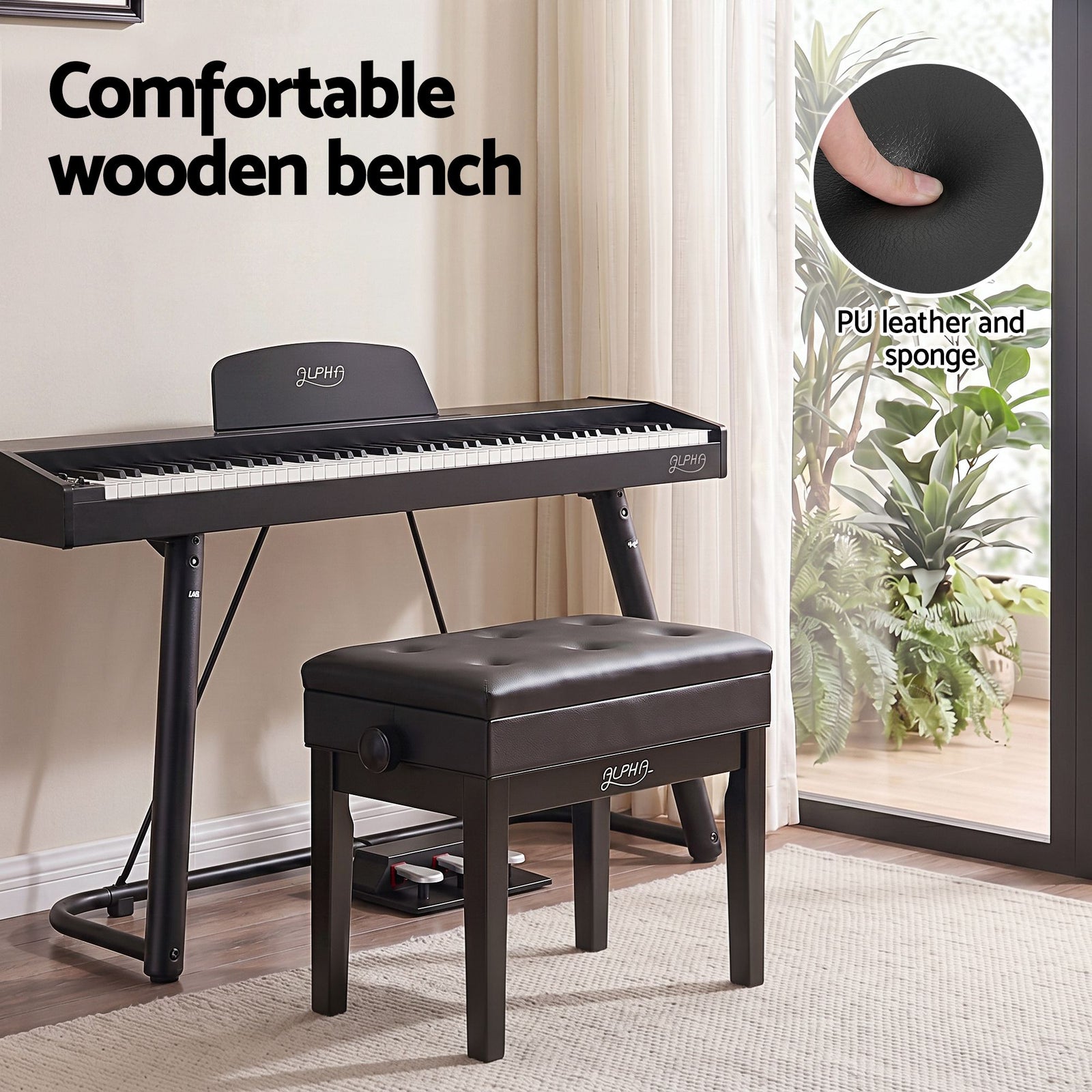 Adjustable Piano Bench Wooden Keyboard Seat Padded Music Chair Black