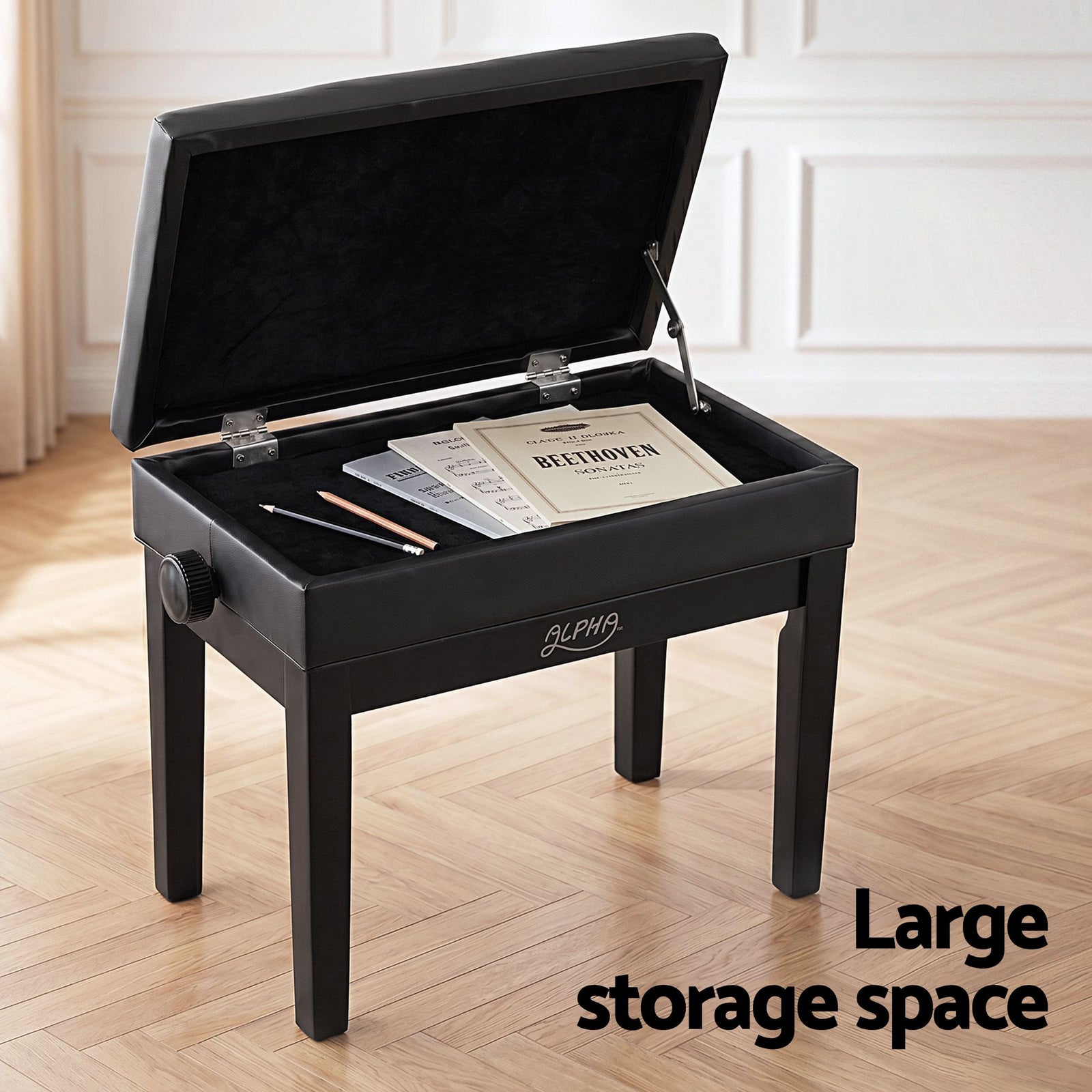 Adjustable Piano Bench Wooden Keyboard Seat Padded Music Chair Black