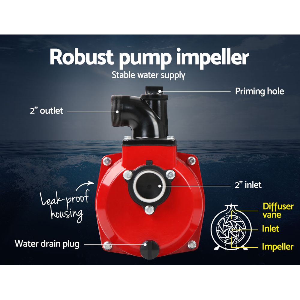 Giantz Petrol Water Pump 7HP Max, 2" High Flow 4-Stroke Engine Transfer Fire Fighting Pumps Rain Tank Oil Irrigation Garden Farm Pond Outdoor Irrigations, w Hose Fittings Inlet Filter Rubber Feet Red