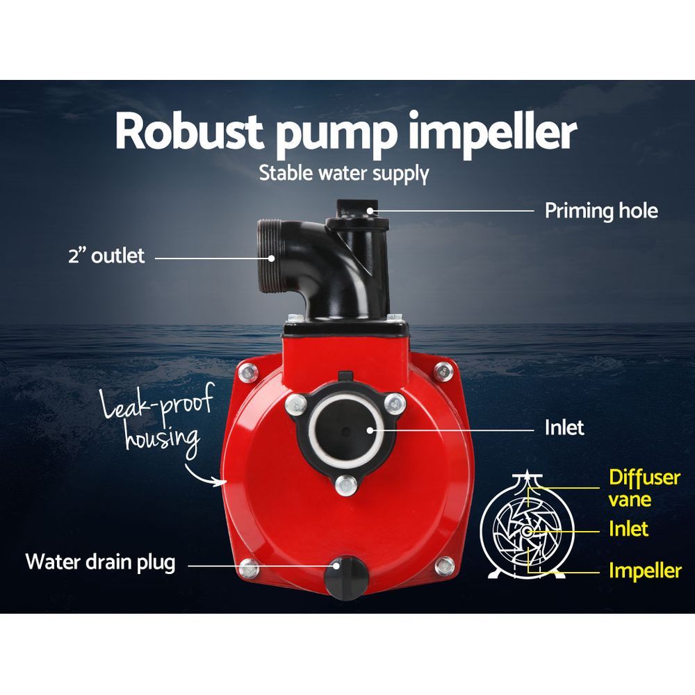 Giantz Petrol Water Pump, 2" 7HP Max High Flow Transfer Fire Fighting Pumps Rain Tank Oil Irrigation Garden Farm Pond Outdoor Irrigations, with Hose Fittings Inlet Filter Rubber Feet Black Red