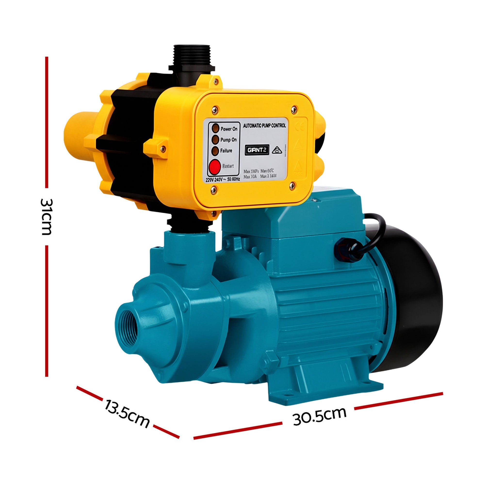Peripheral Water Pump 750W Brass Impeller 3300L/h Auto Controller Yellow
