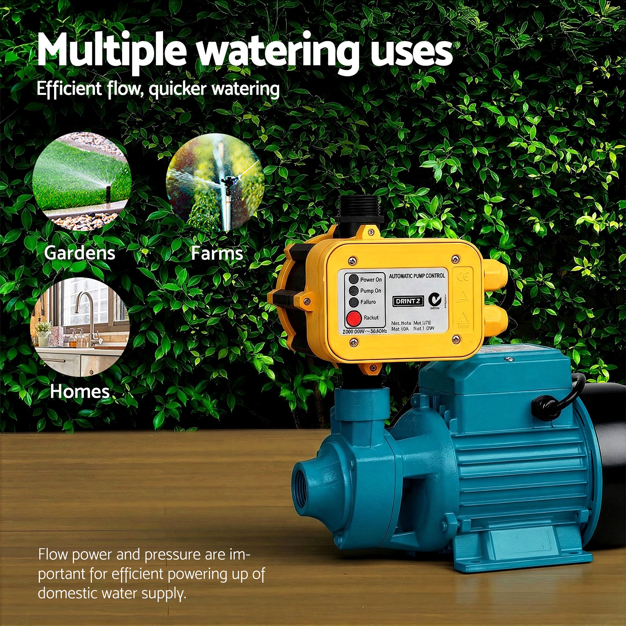 Peripheral Water Pump 750W Brass Impeller 3300L/h Auto Controller Yellow