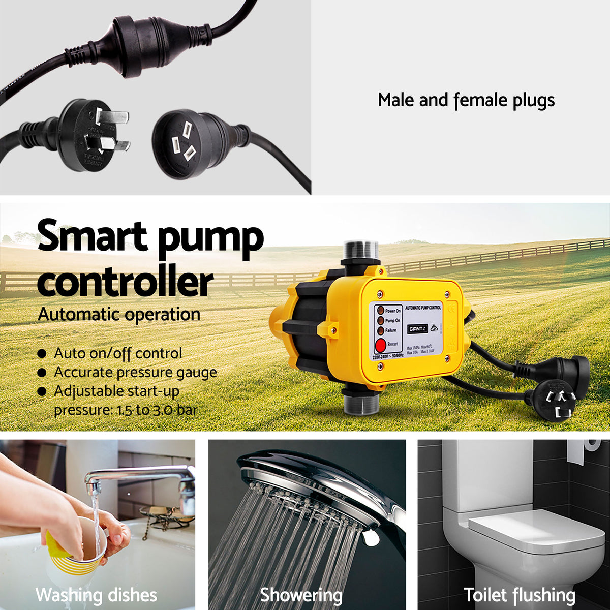 Peripheral Water Pump 750W Brass Impeller 3300L per h Auto Controller Yellow